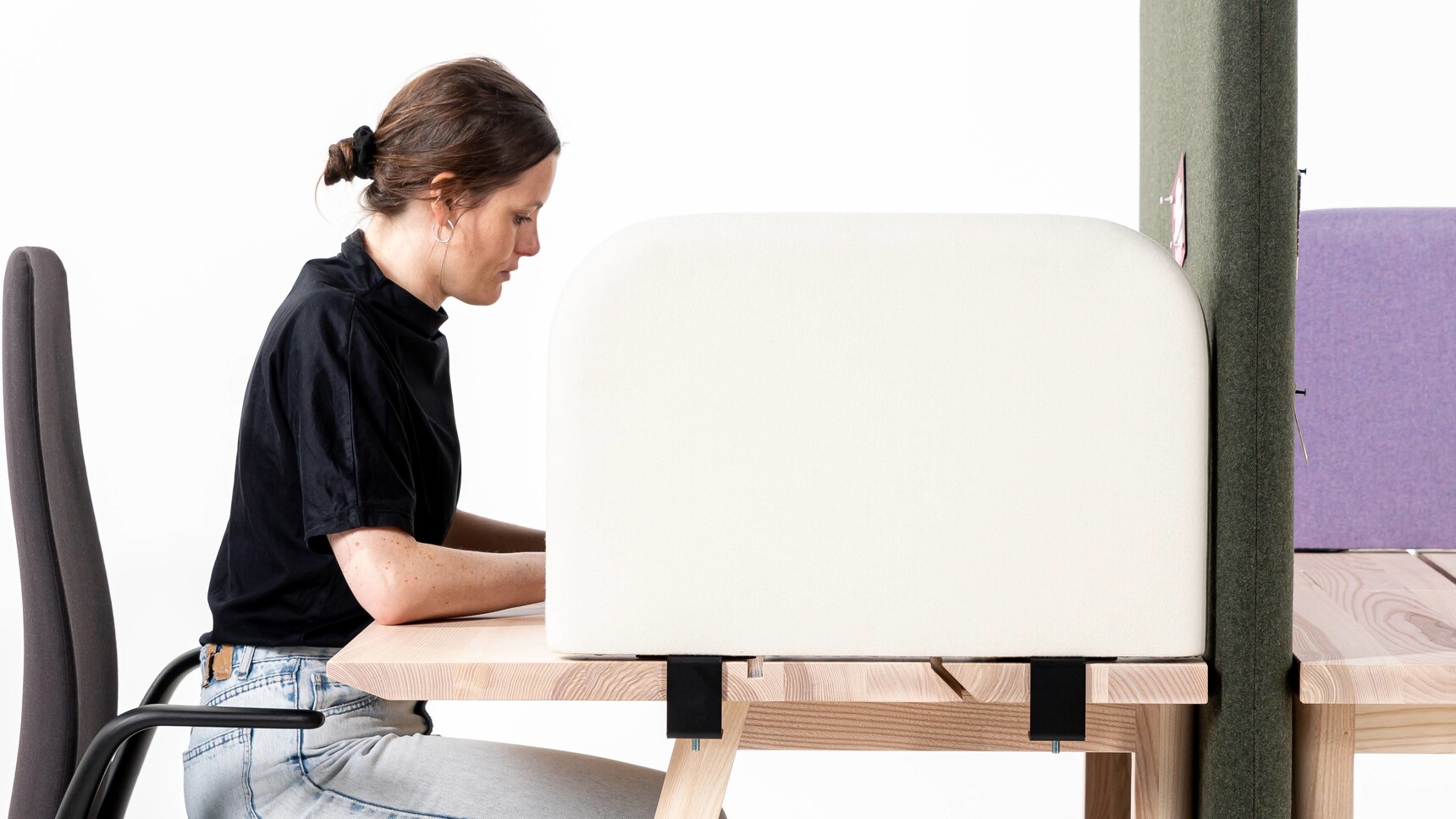 BuzziSpace BuzziShield Desk Acoustic Partition In White Fabric On Table Detail Image