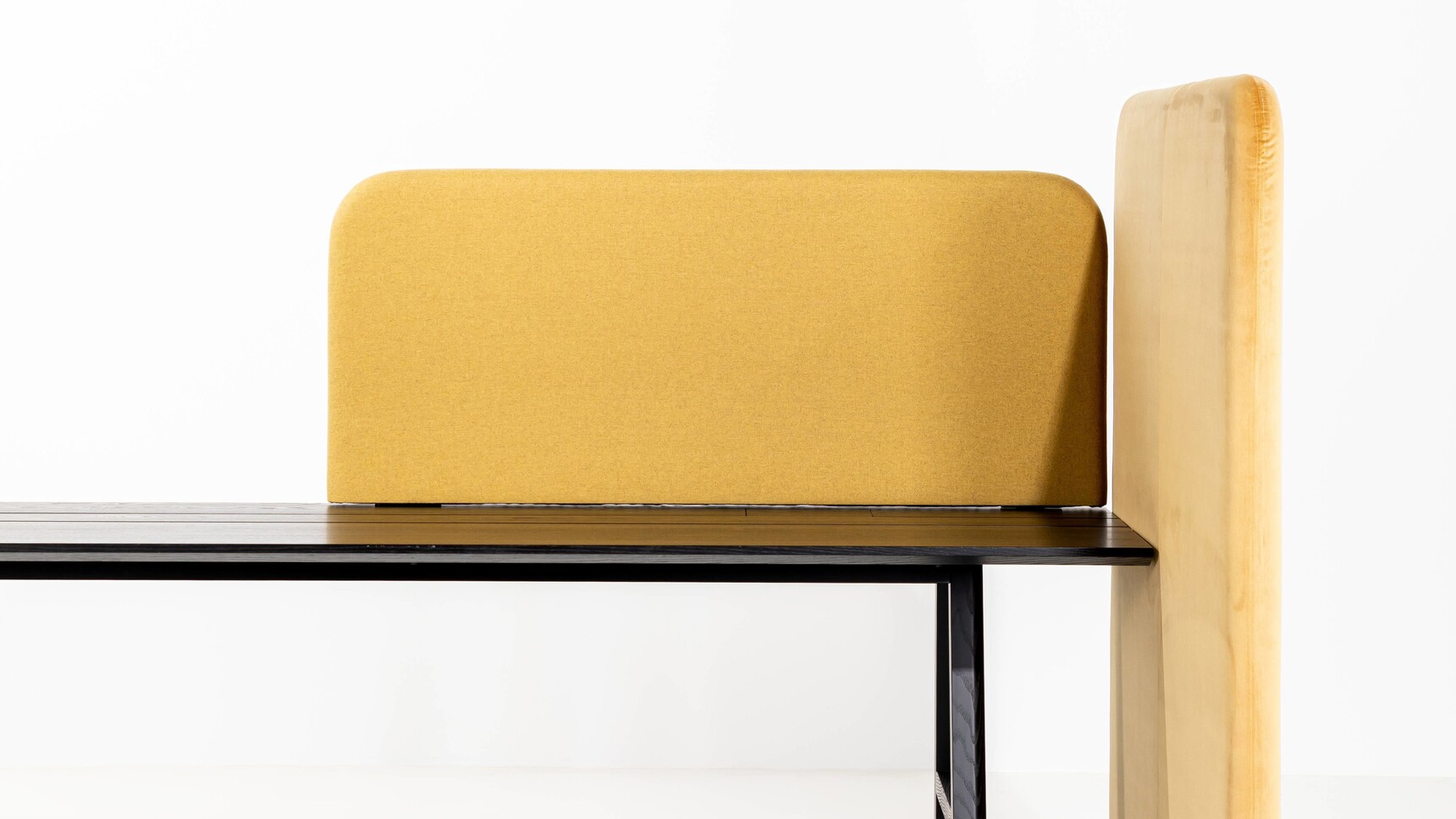 Buzzi Space BuzziShield Desk Acoustic Partition With Yellow Fabric On Table With BuzziFree Detail Image