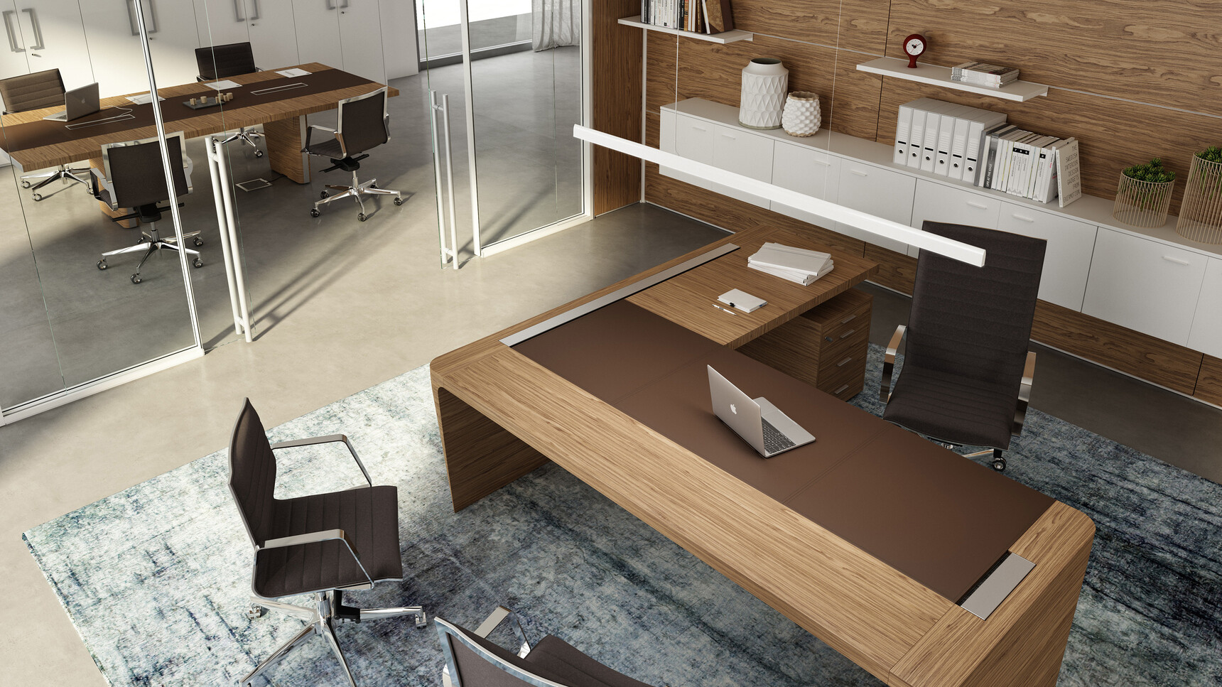 X10 Wood Veneer Boardroom Table with Leather Inlay With Two Sections And Two Legs With Dark Wood Finish And Brown Leather Inlay And Two Brown Aluminium Flaps And Grey Leg Edge Finish And X10 Veneer Desk