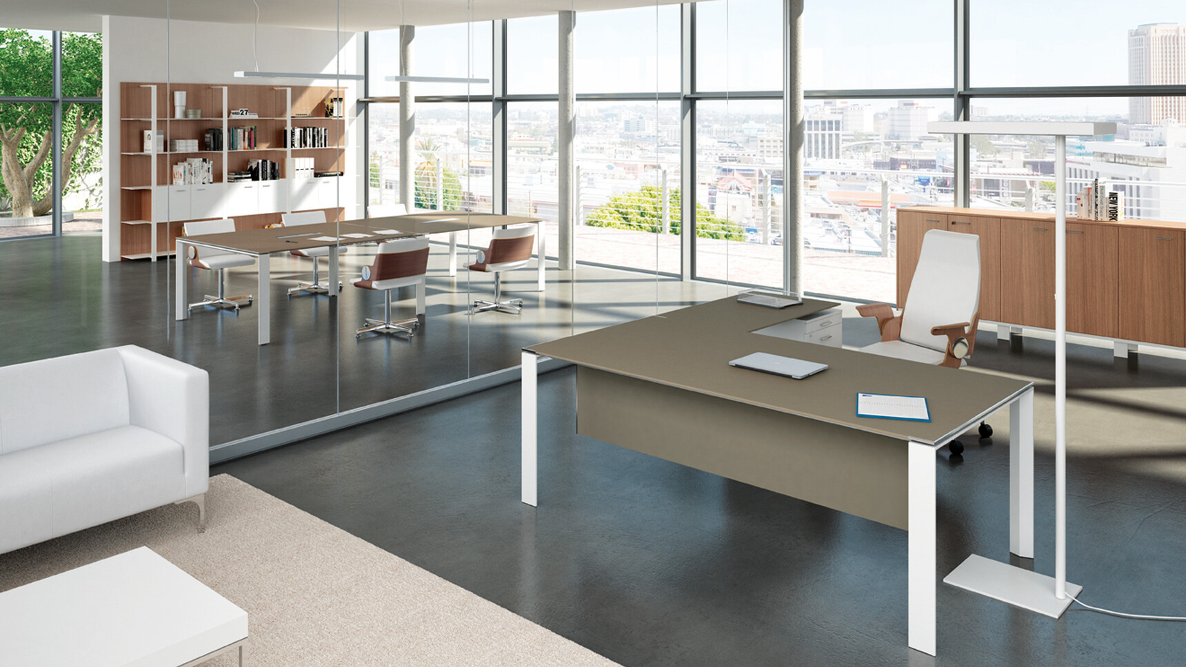 Quadrifoglio X7 Melamine Goalpost Leg Desk With Return & Pedestal Canaletto Walnut White Leg Finish Quadrifoglio X7 Melamine Goalpost Leg Boardroom Table Two Sections Canaletto Walnut Finish White Legs