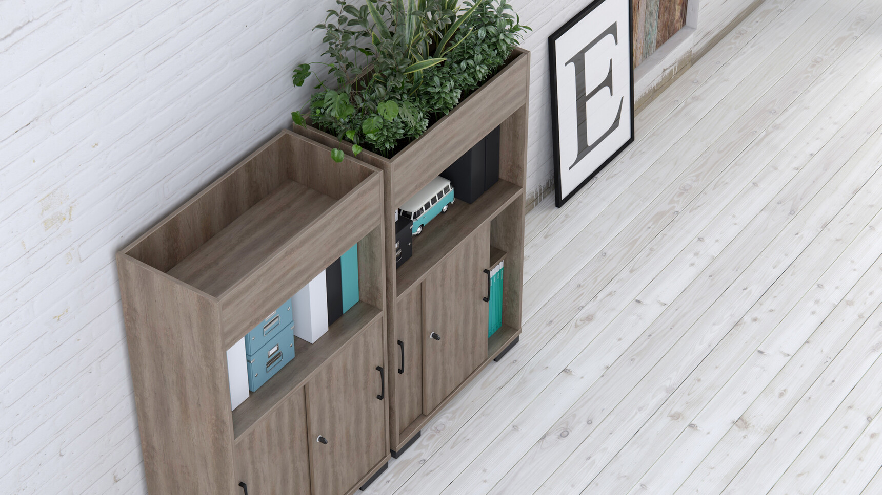 Two Elite Planter Storage Units With Dark Wood Finish Against Wall
