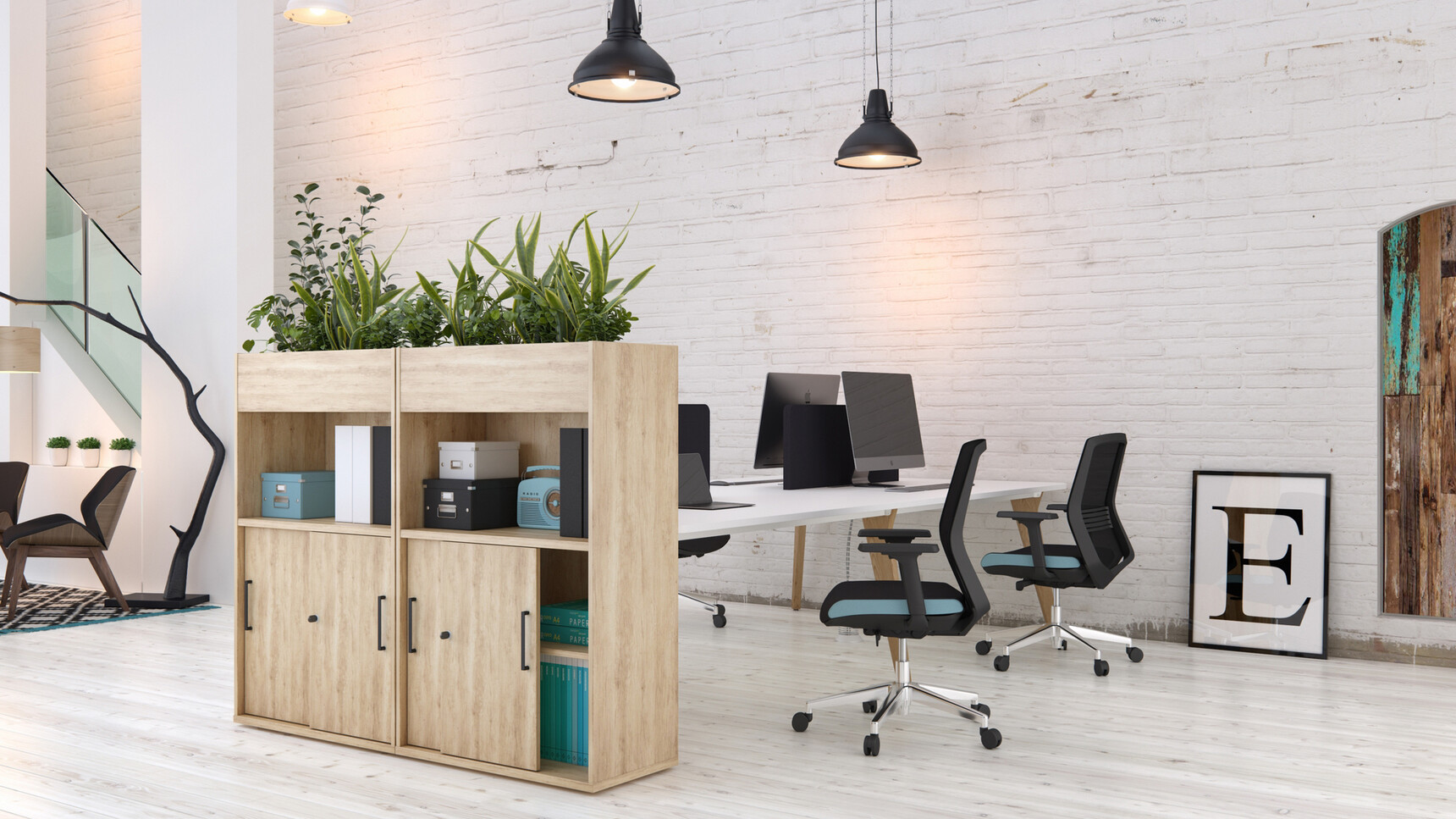 Two Elite Planter Storage Units Light Wood Finish White Top Wood Leg Finish Three Vida Mesh Back Black Upholstery Blue Side Panel