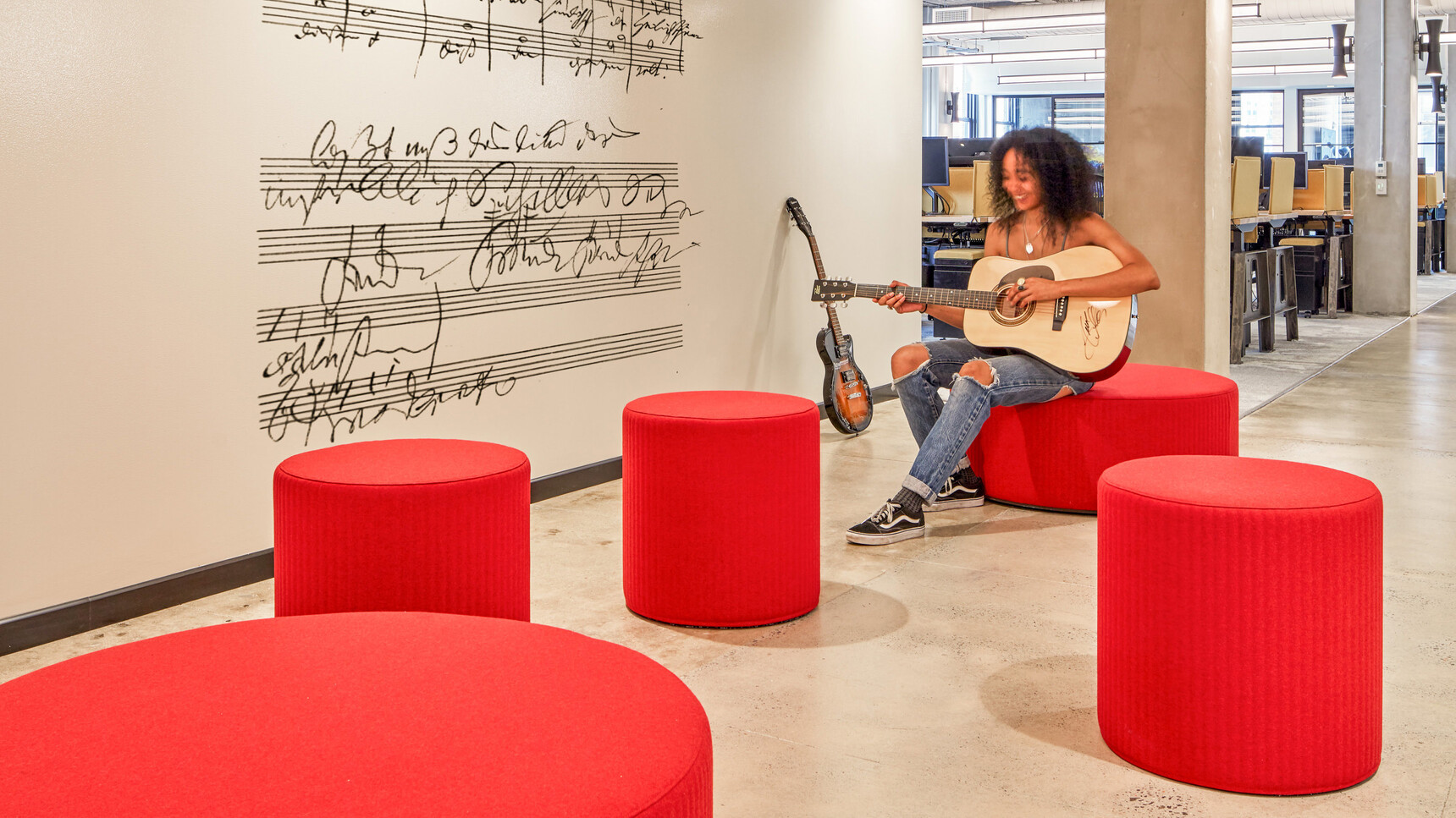 Buzzi Space BuzziSpot Acoustic Round Pouffes In Red Upholstery In Office Environment