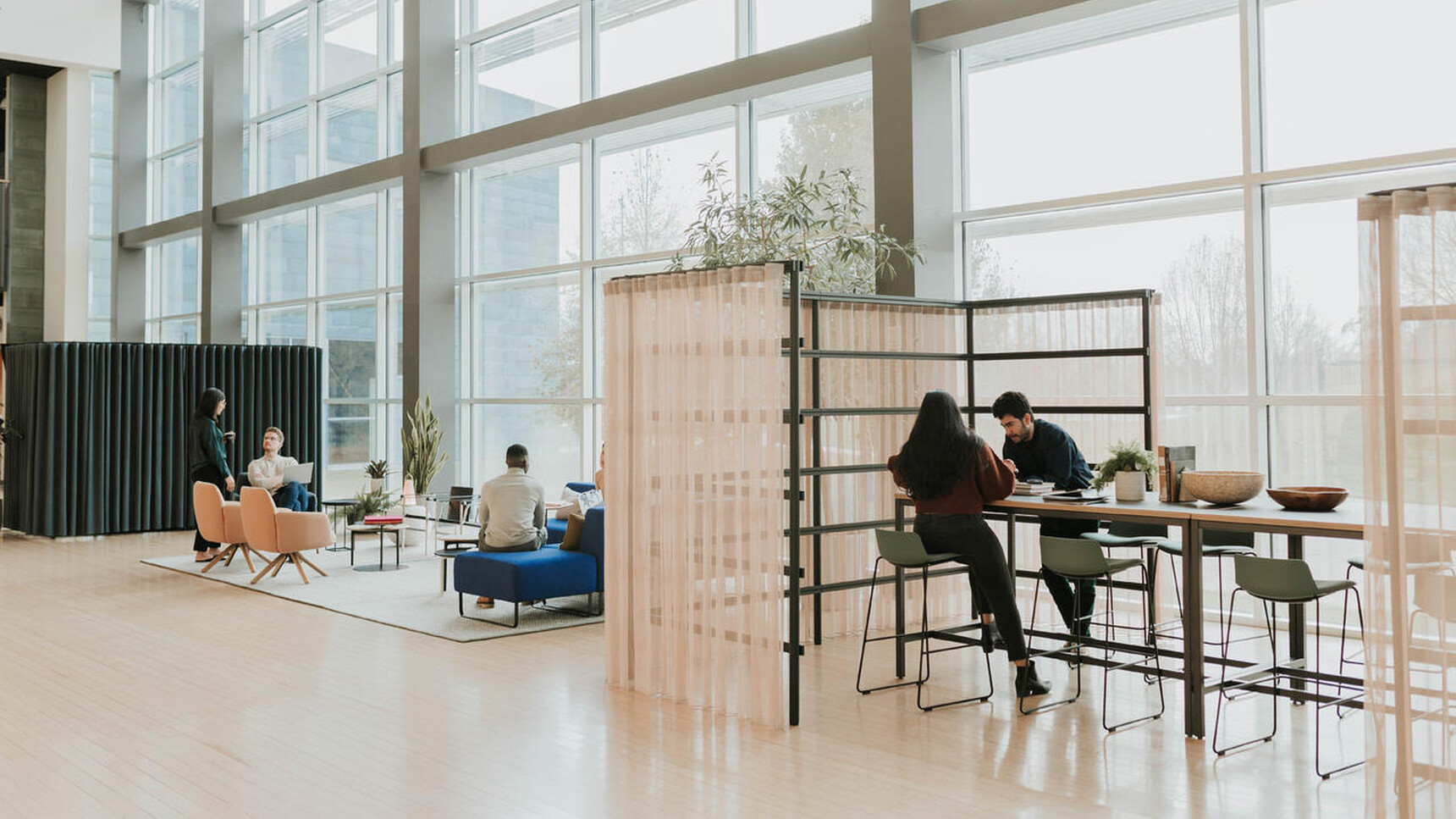 Buzzi Space BuzziBracks Modular Acoustic System White Opaque Curtain In Office Environment