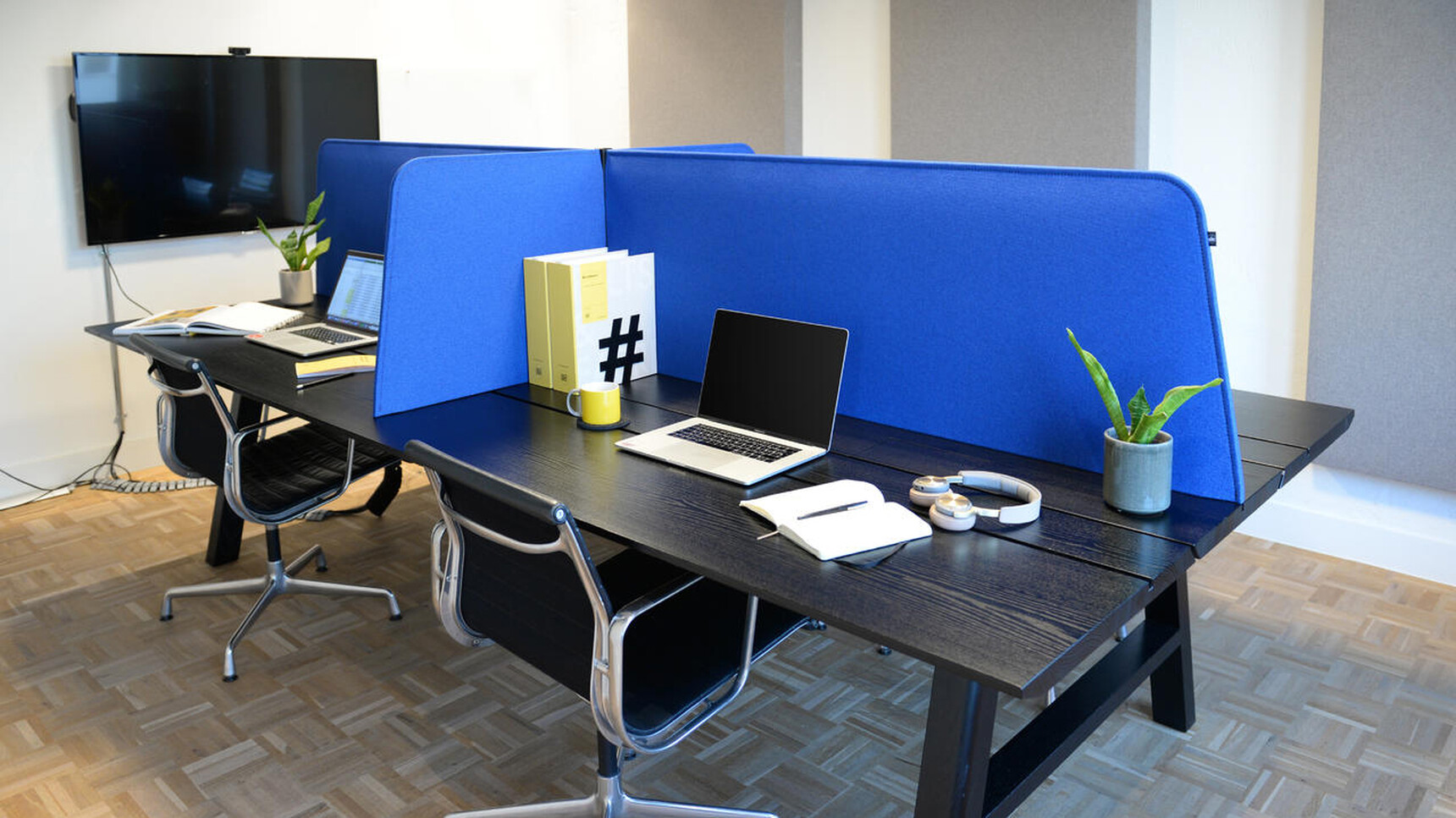 Buzzi Space BuzziDesk Cross Acoustic Desk Divider In Blue Upholstery Detail Image With Plant