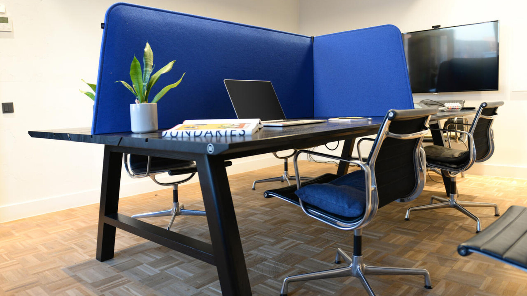 Buzzi Space BuzziDesk Cross Acoustic Desk Divider In Blue Upholstery Detail Image