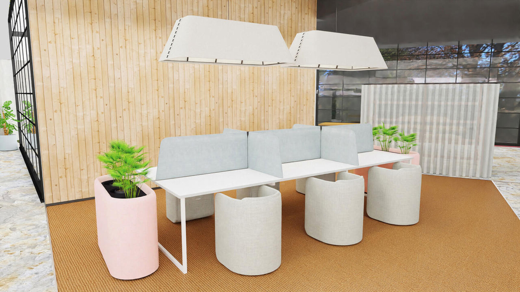 Buzzi Space BuzziDesk Cross Acoustic Desk Divider Grey Upholstery In Office Setting