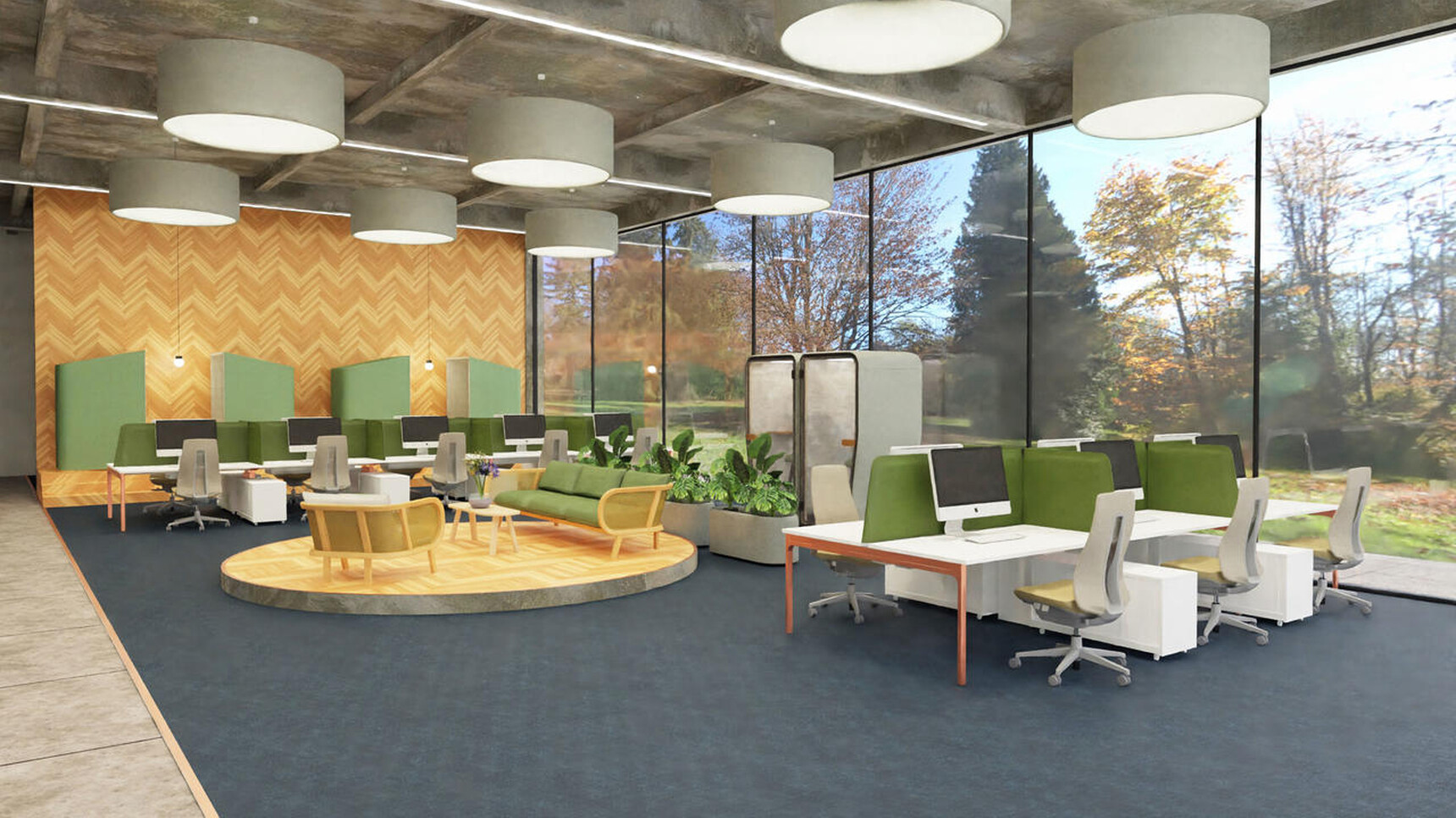 Buzzi Space BuzziDesk Cross Acoustic Desk Divider Green Upholstery In Office Environment