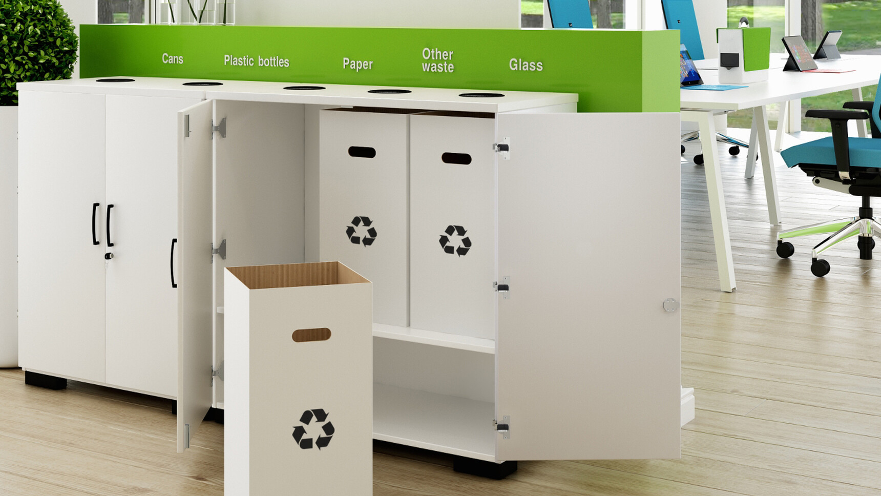 Two Elite Recycling Units One With Three Sections With White Finish And Open With One Bin On The Floor And One With Two Sections With White Finish In Office Environment