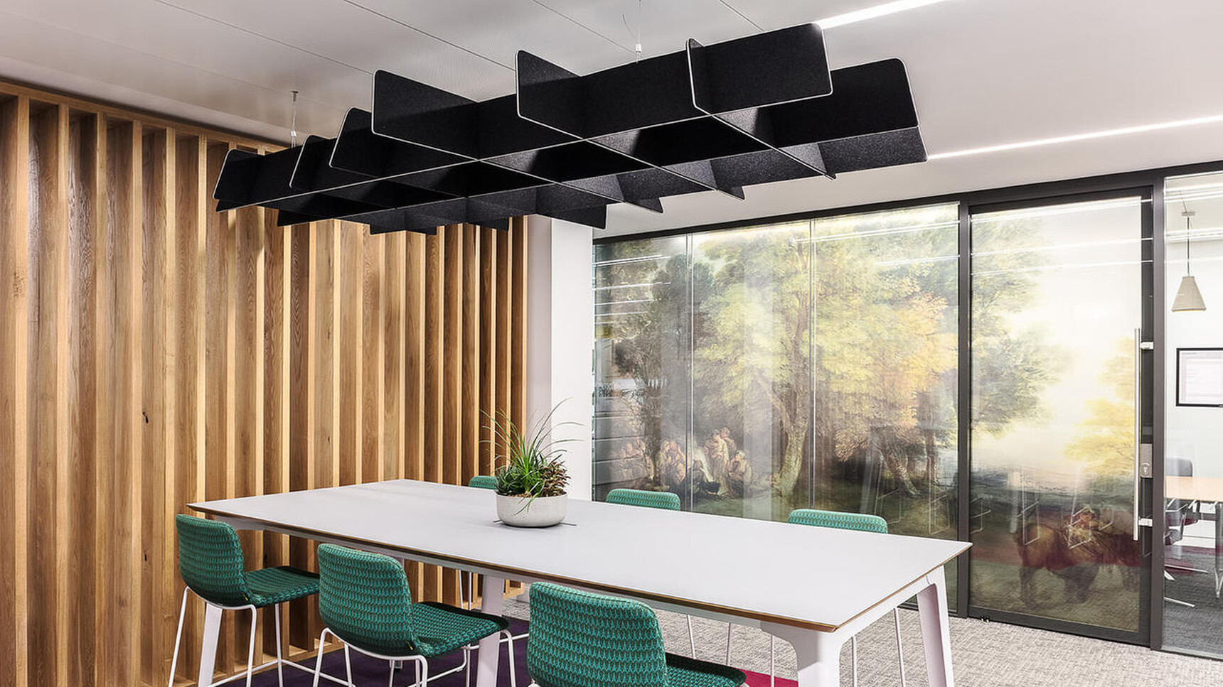 Buzzi Space BuzziGrid Acoustic Ceiling Element Black Fabric In Office Setting