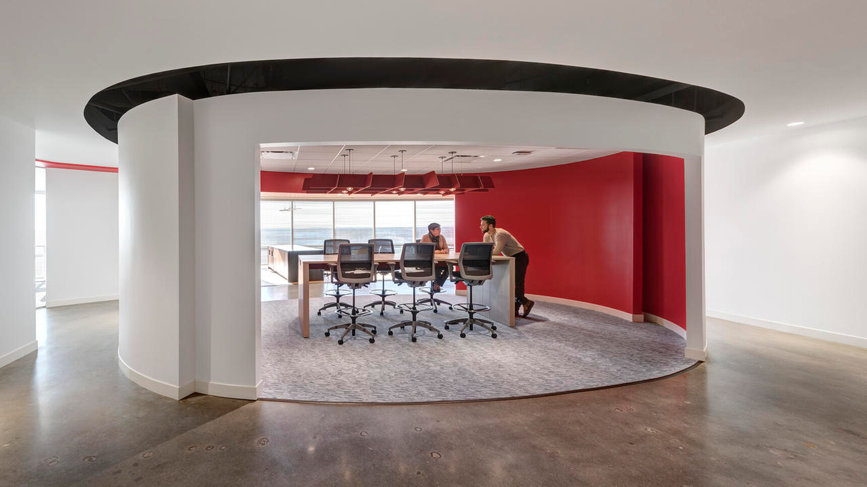 Buzzi Space BuzziGrid Acoustic Ceiling Element Red Fabric In Office Setting