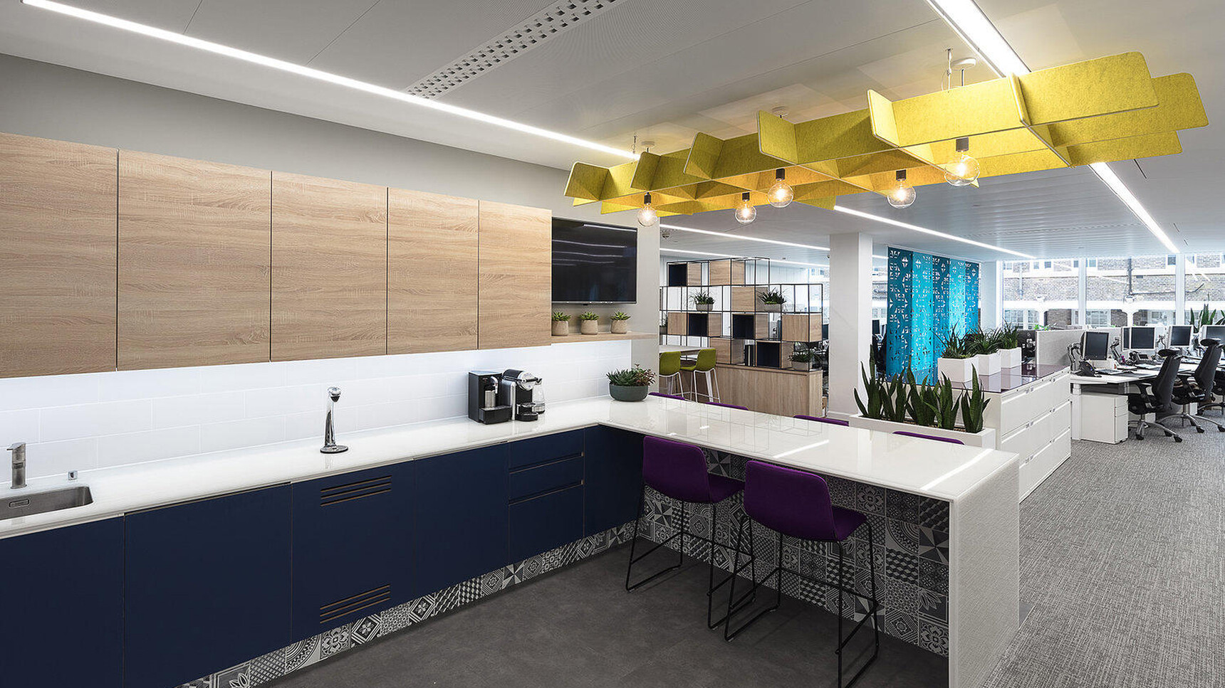 Buzzi Space BuzziGrid Acoustic Ceiling Element Yellow Fabric In Office Setting