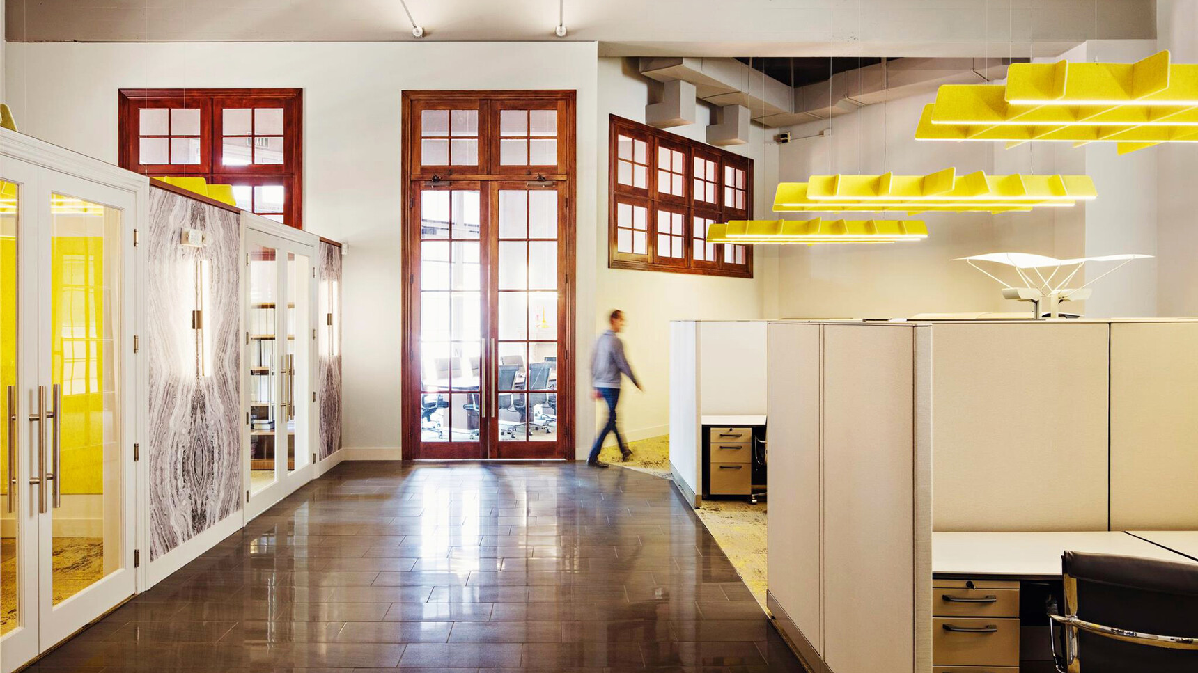 Buzzi Space BuzziGrid Acoustic Ceiling Element Yellow Fabric In Office Environment