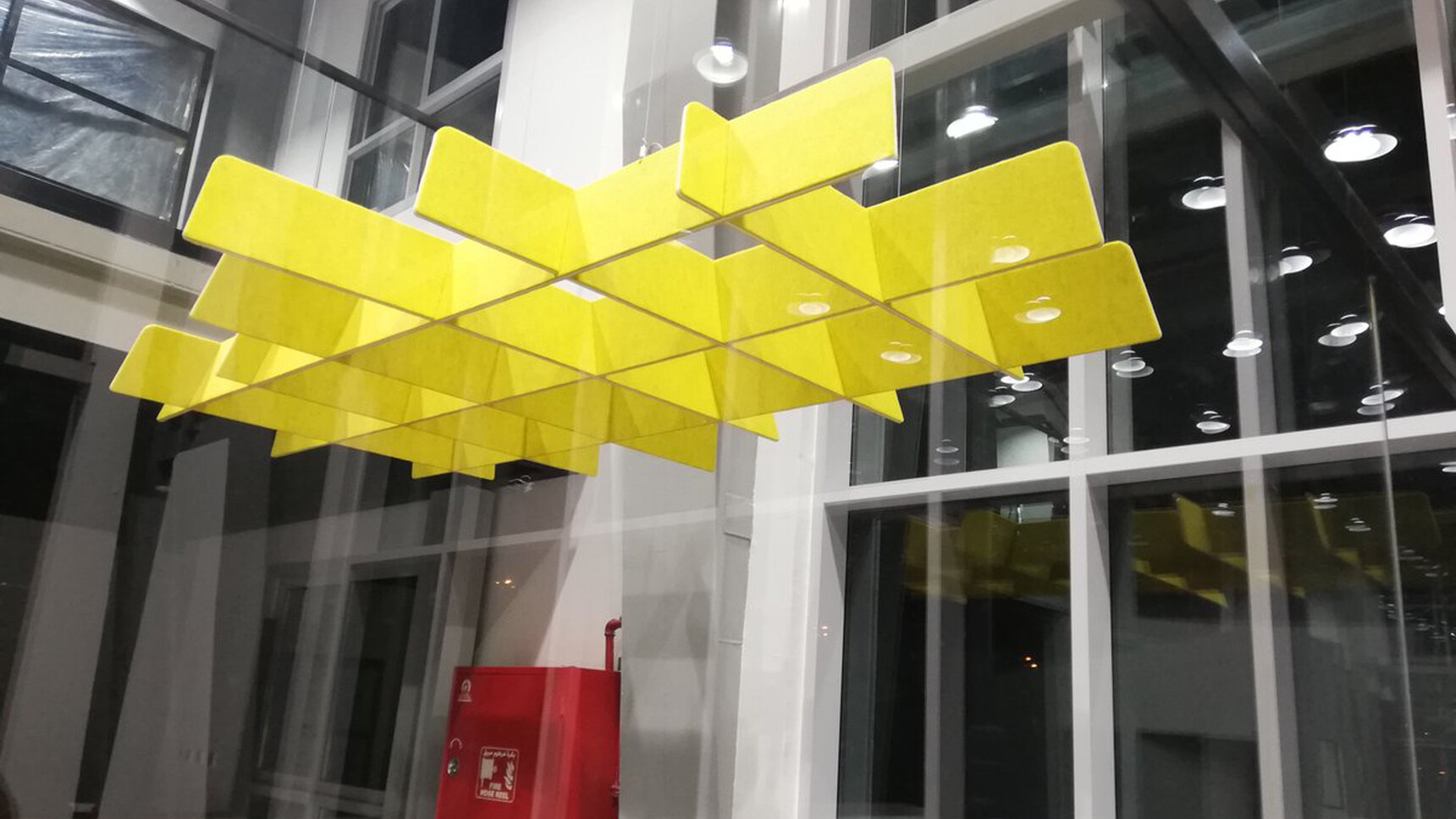 Buzzi Space BuzziGrid Acoustic Ceiling Element Yellow Fabric In Detail Image