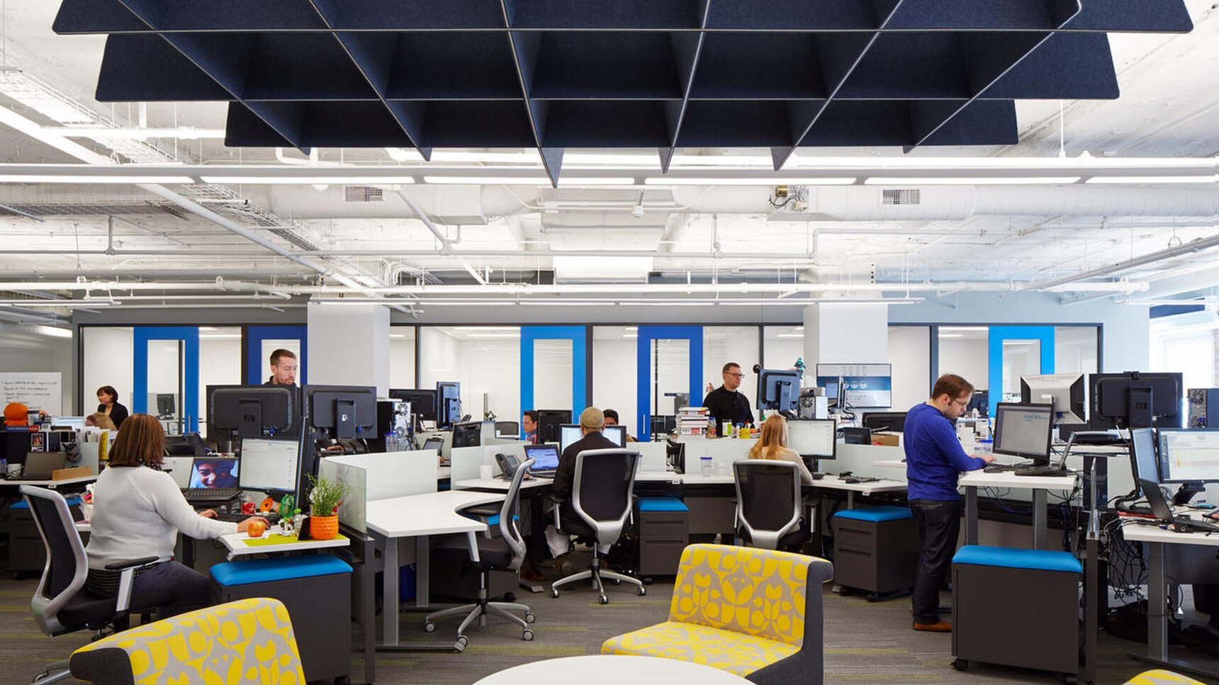 Buzzi Space BuzziGrid Acoustic Ceiling Element Blue Fabric In Office Setting