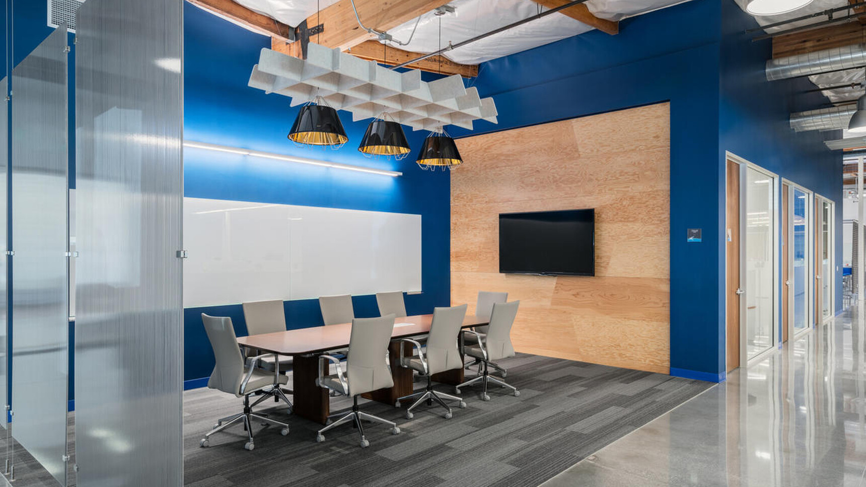 Buzzi Space BuzziGrid Acoustic Ceiling Element Light Grey Fabric In Office Setting