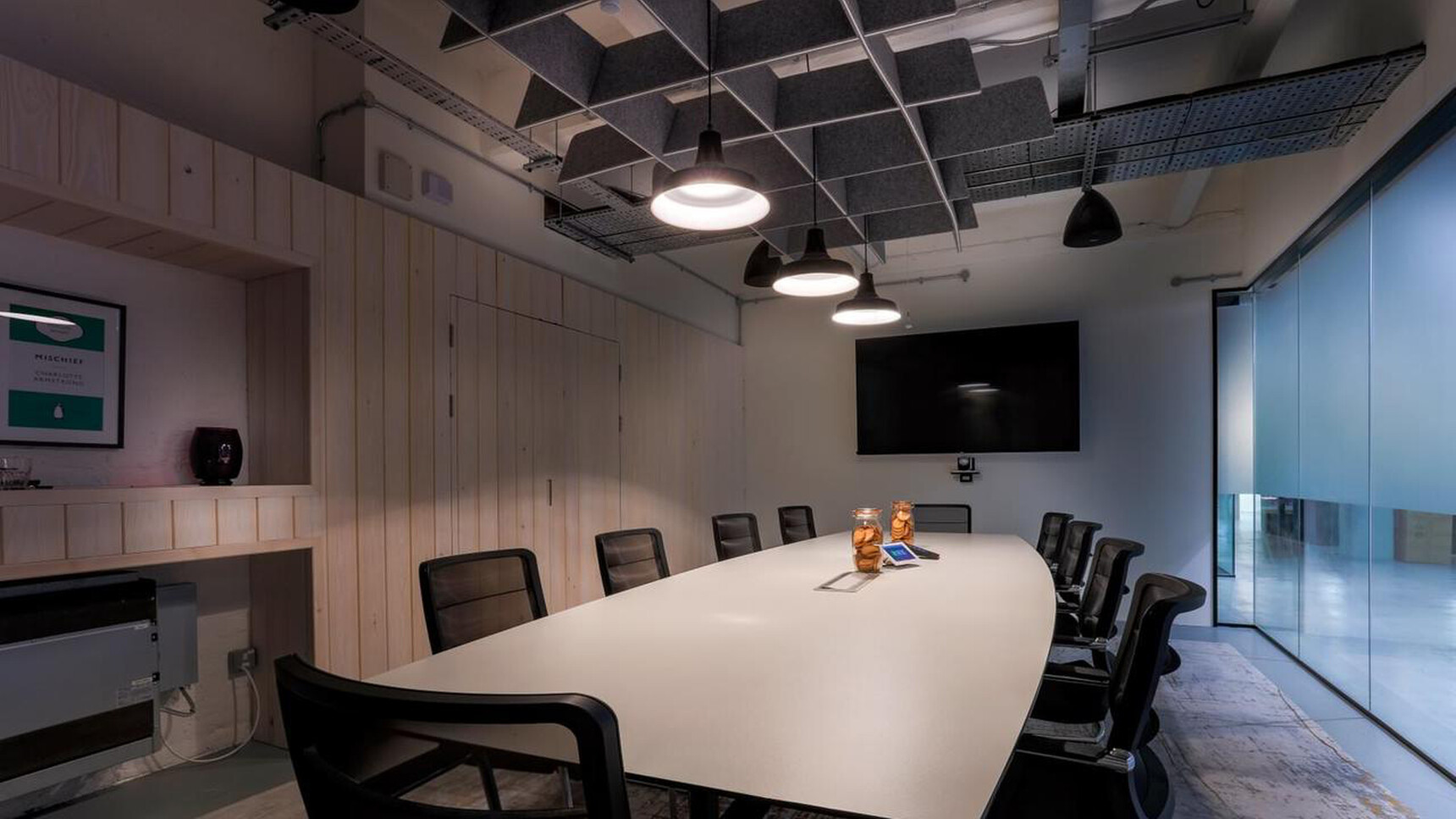 Buzzi Space BuzziGrid Acoustic Ceiling Element Grey Fabric In Office Setting