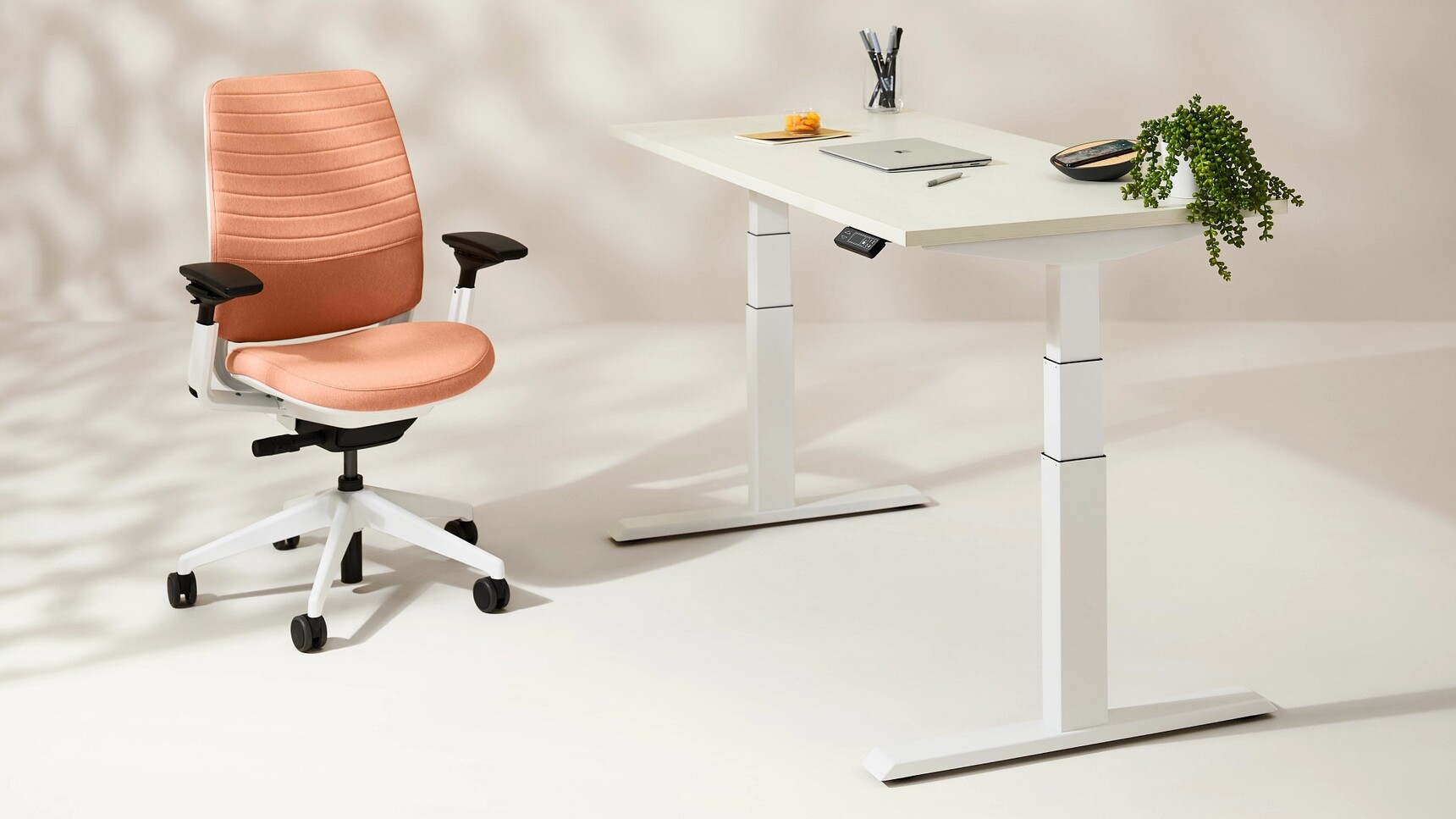 Steelcase Series 2 Quilted Office Task Chair Orange Upholstery At White Desk Family Image