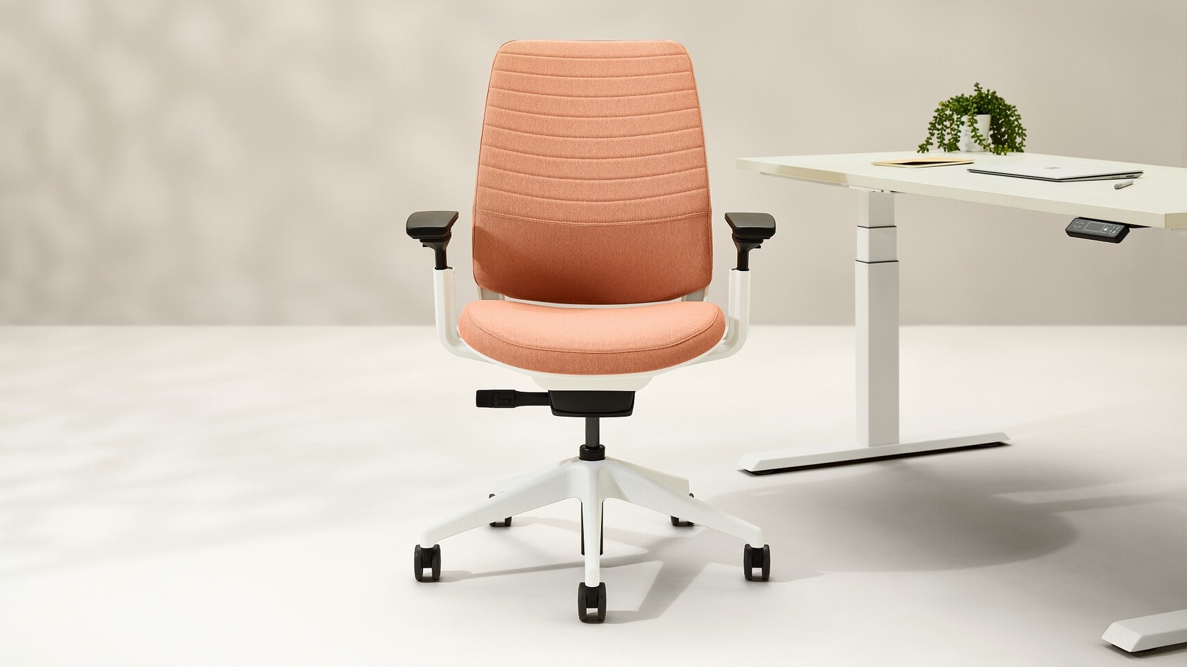Steelcase Series 2 Quilted Office Task Chair Orange Upholstery Seagull Frame At White Desk Family Image