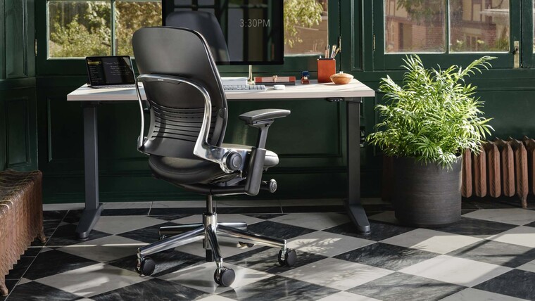 Steelcase Leap V2 Premium Leather Office Chair At Desk In Home Setting