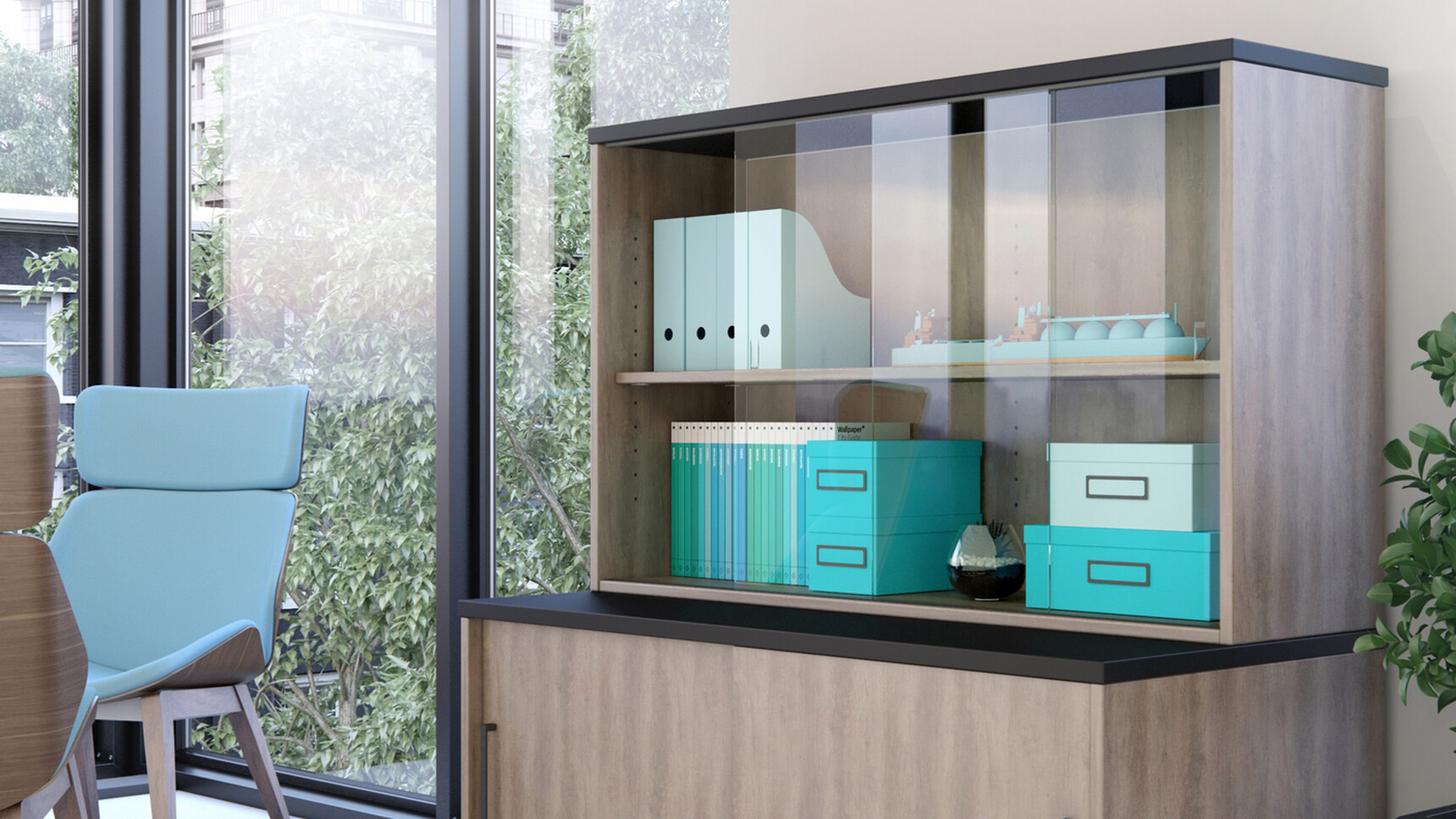 Elite Glass Fronted Desktop Storage Unit With Dark Wood Finish And Black Top With Sliding Glass Doors On Desk High Credenza Storage Unit With Dark Wood Finish And Black Top In Office Environment