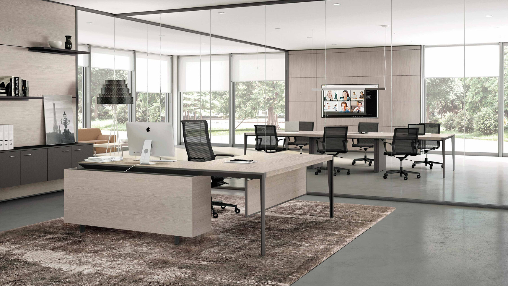 Quadrifoglio X9 Wood Veneer Desk with Return & Pedestal WIth Modesty Panel And Wood Finish And Black Leg Finish With Chair At Desk With X9 Meeting Table With Wood Finish And Six Quadrifoglio Chairs At Desks