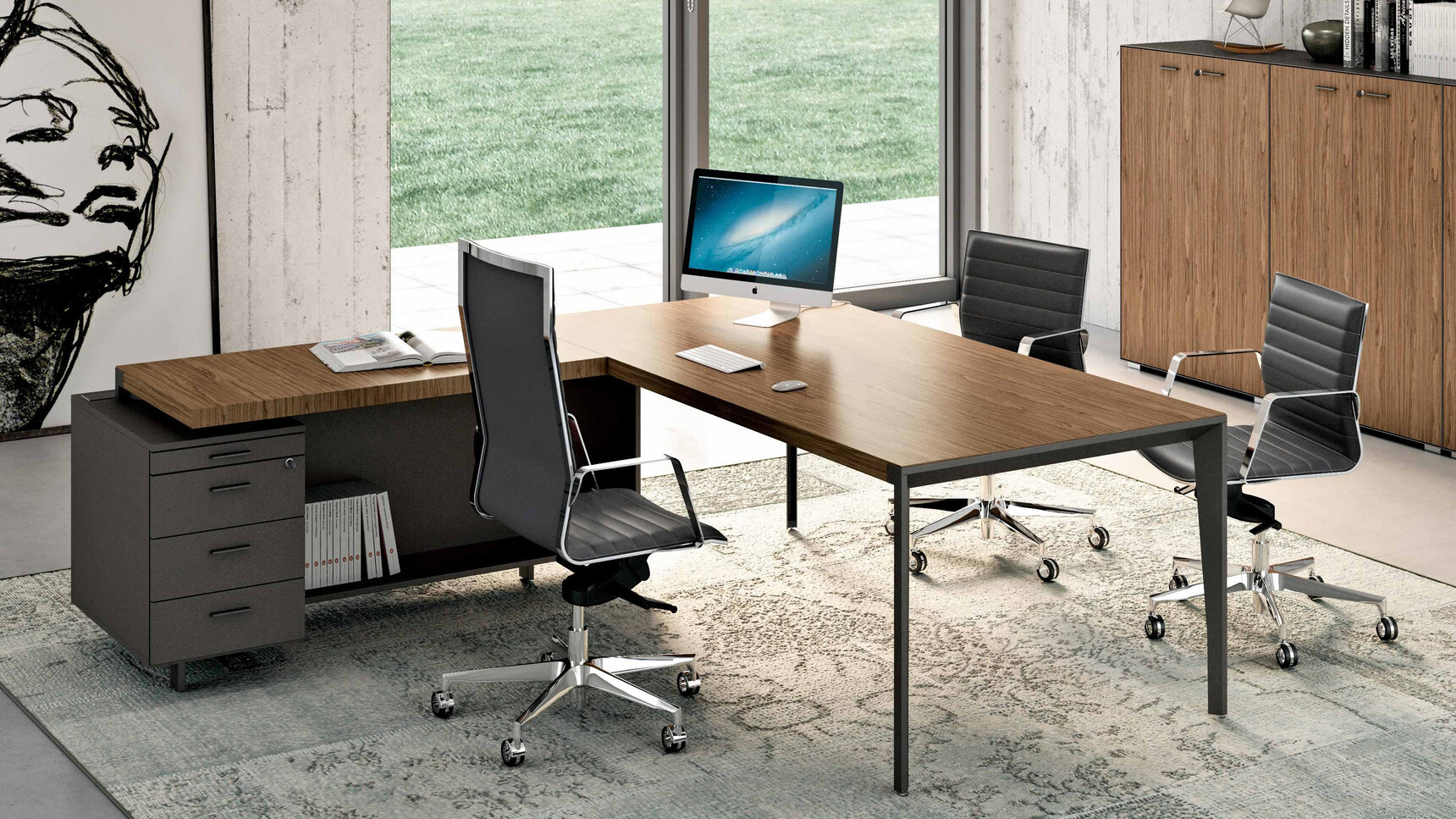 Quadrifoglio X9 Wood Veneer Desk with Return & Pedestal WIth Modesty Panel And Wood Finish And Black Leg Finish With Three Chairs At Desk With Black Upholstery And Chrome Legs On Castors