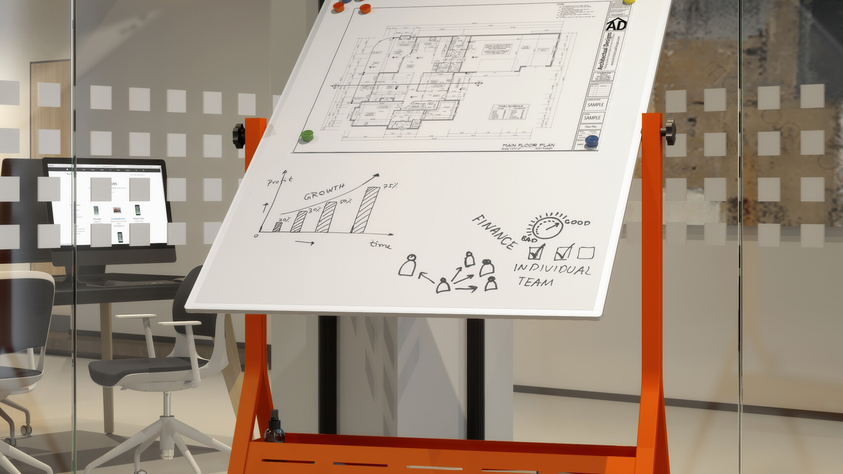 Elite Office Furniture Mobile Portrait Whiteboard Unit Coral Finish Detail Image In Office Setting