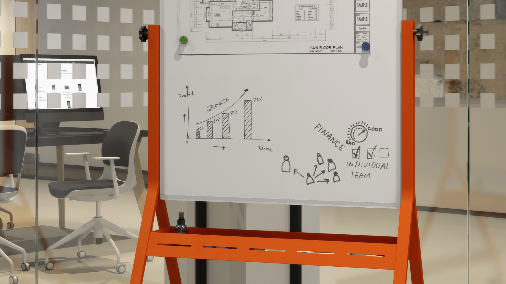 Elite Office Furniture Mobile Portrait Whiteboard Unit Coral Frame Finish In Office Environment