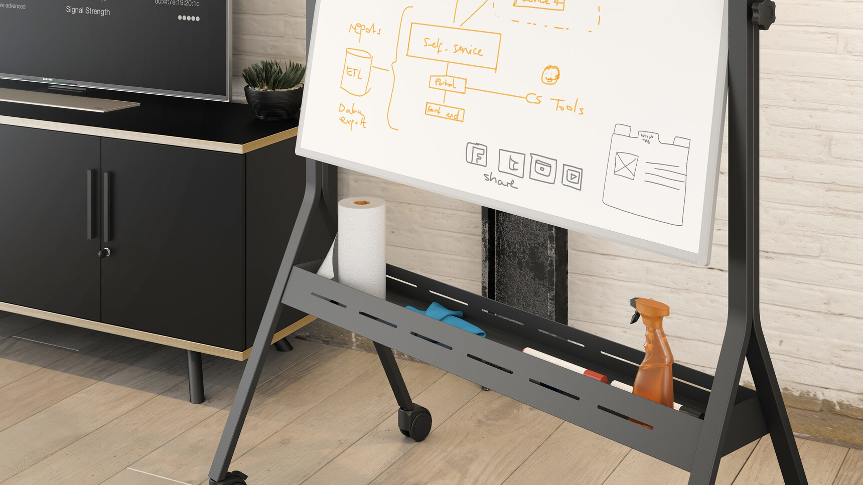 Elite Office Furniture Mobile Landscape Whiteboard Unit Black Finish Detail Image