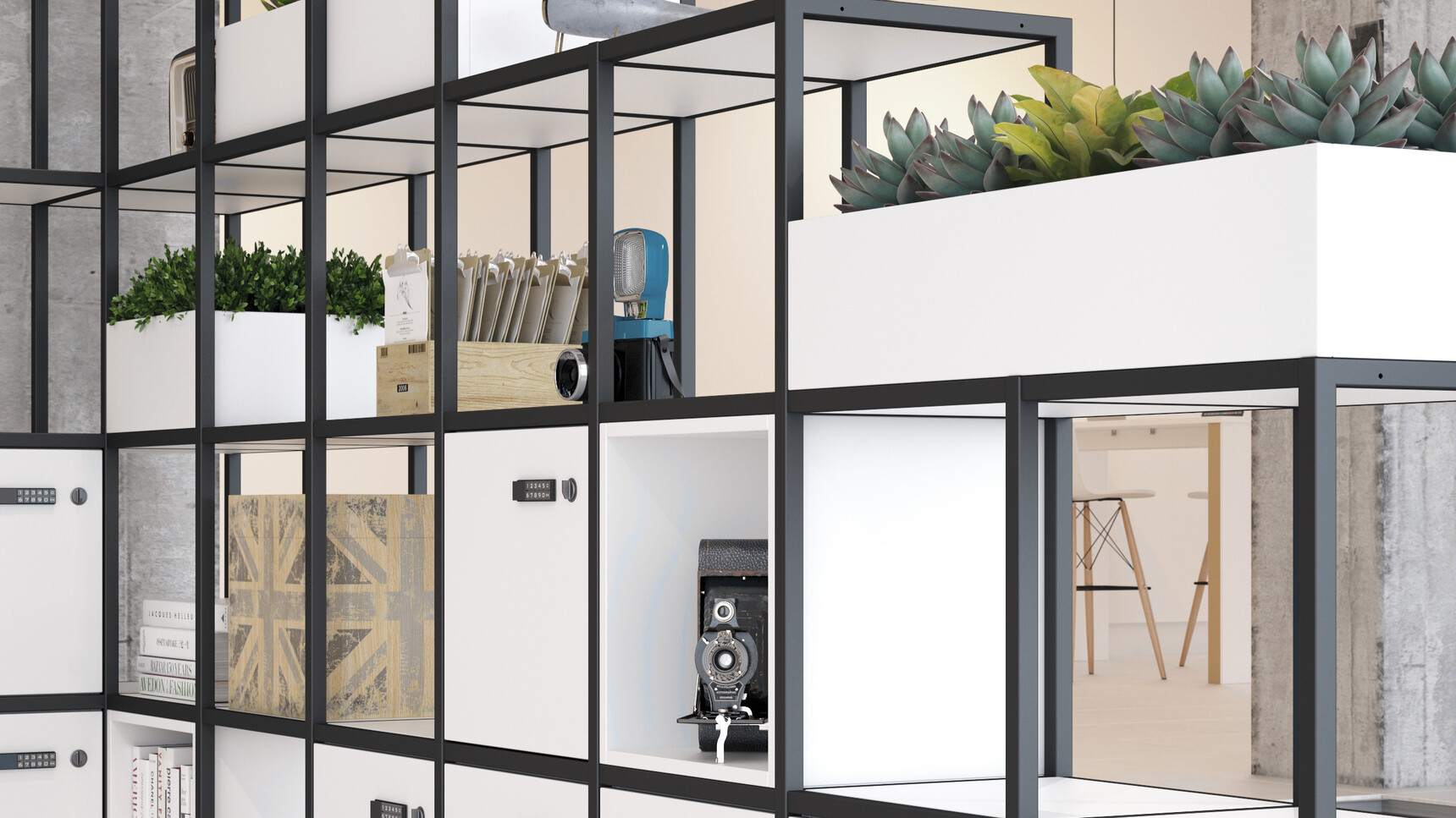 Elite Office Furniture Cubeform Black Frame With Single Door Boxes With Planter Detail Image