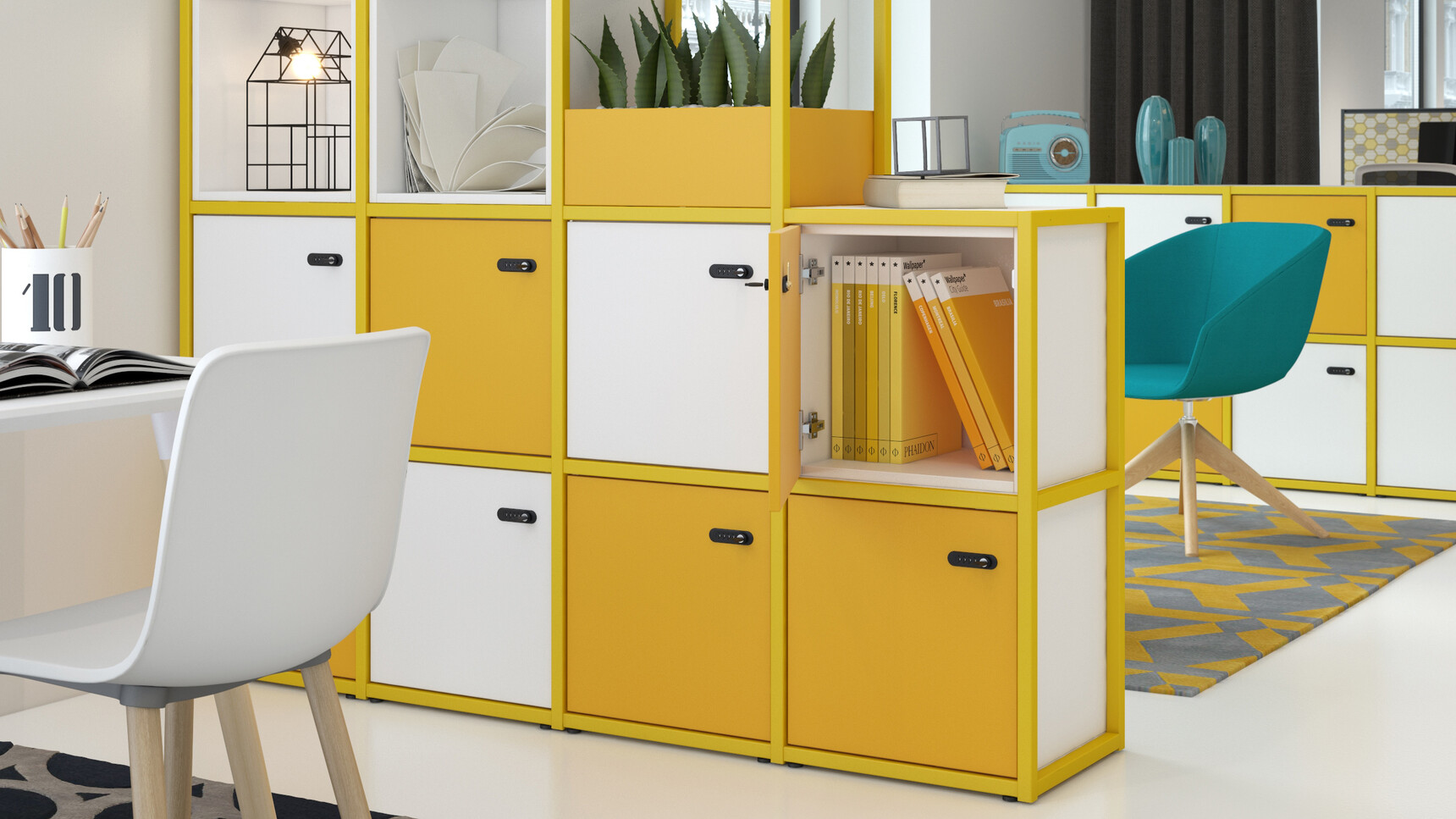 Elite Office Furniture Cubeform With Yellow Frame Single Door Box Yellow And White Doors And Planter Family Image