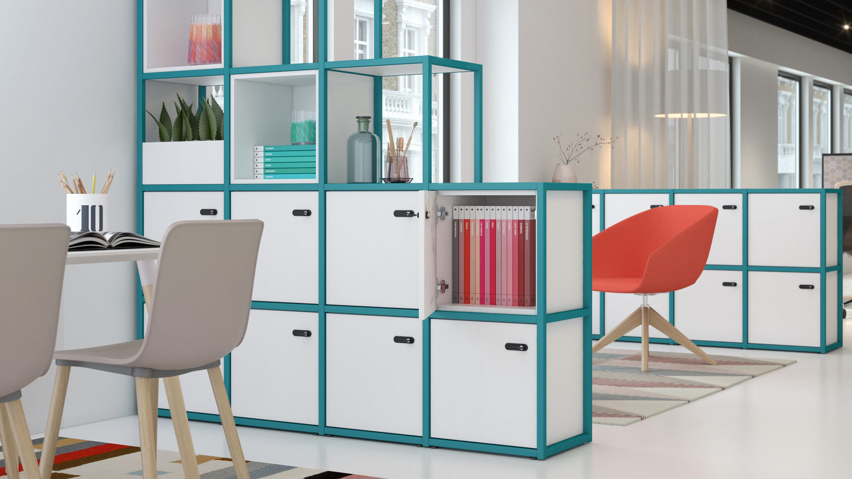 Elite Office Furniture Cubeform Blue Frame With Single Door Boxes With Planter Family Image