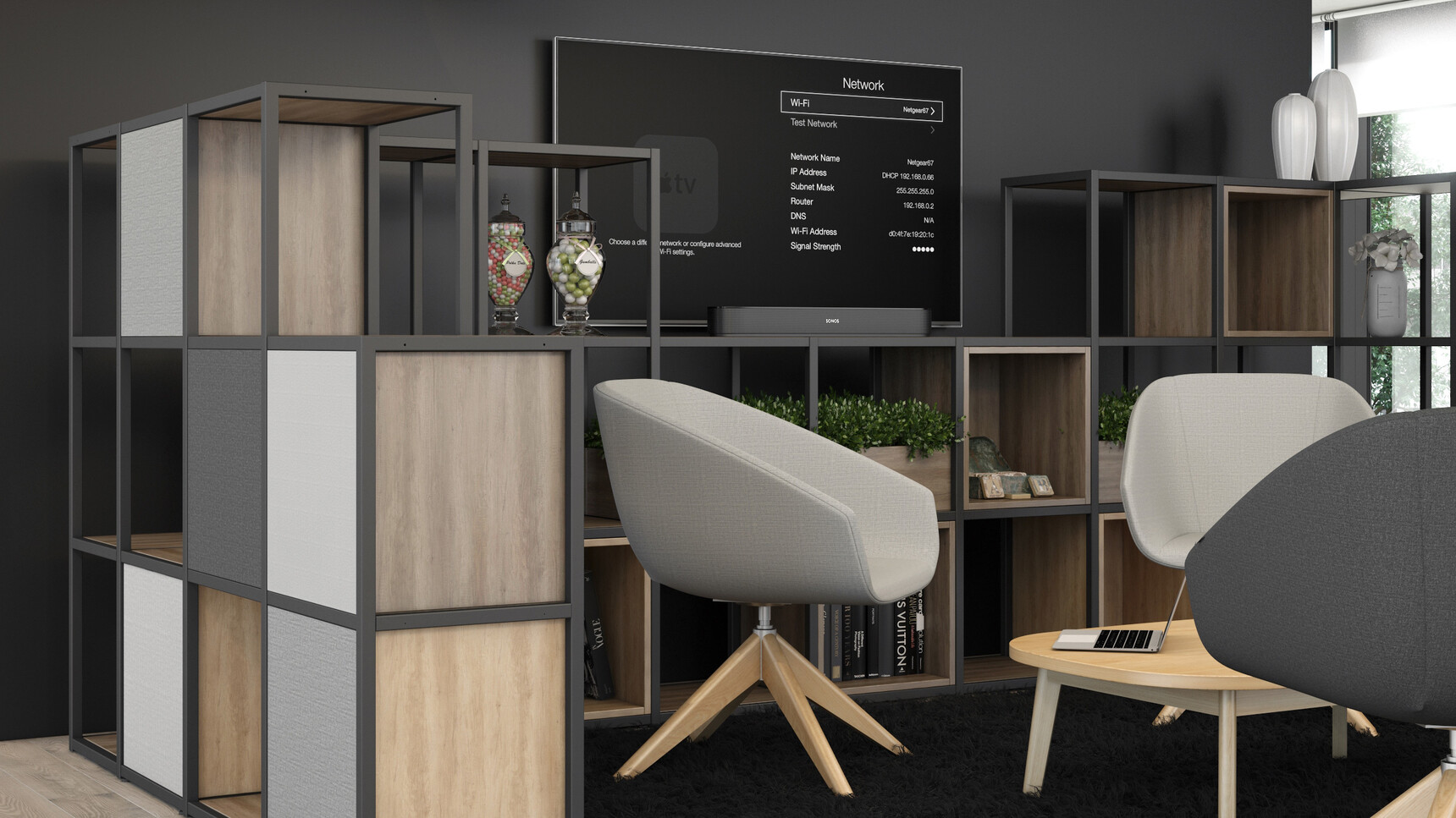 Elite Office Furniture Cubeform With Black Frame With Open Fronted Boxes In Office Setting With Chairs