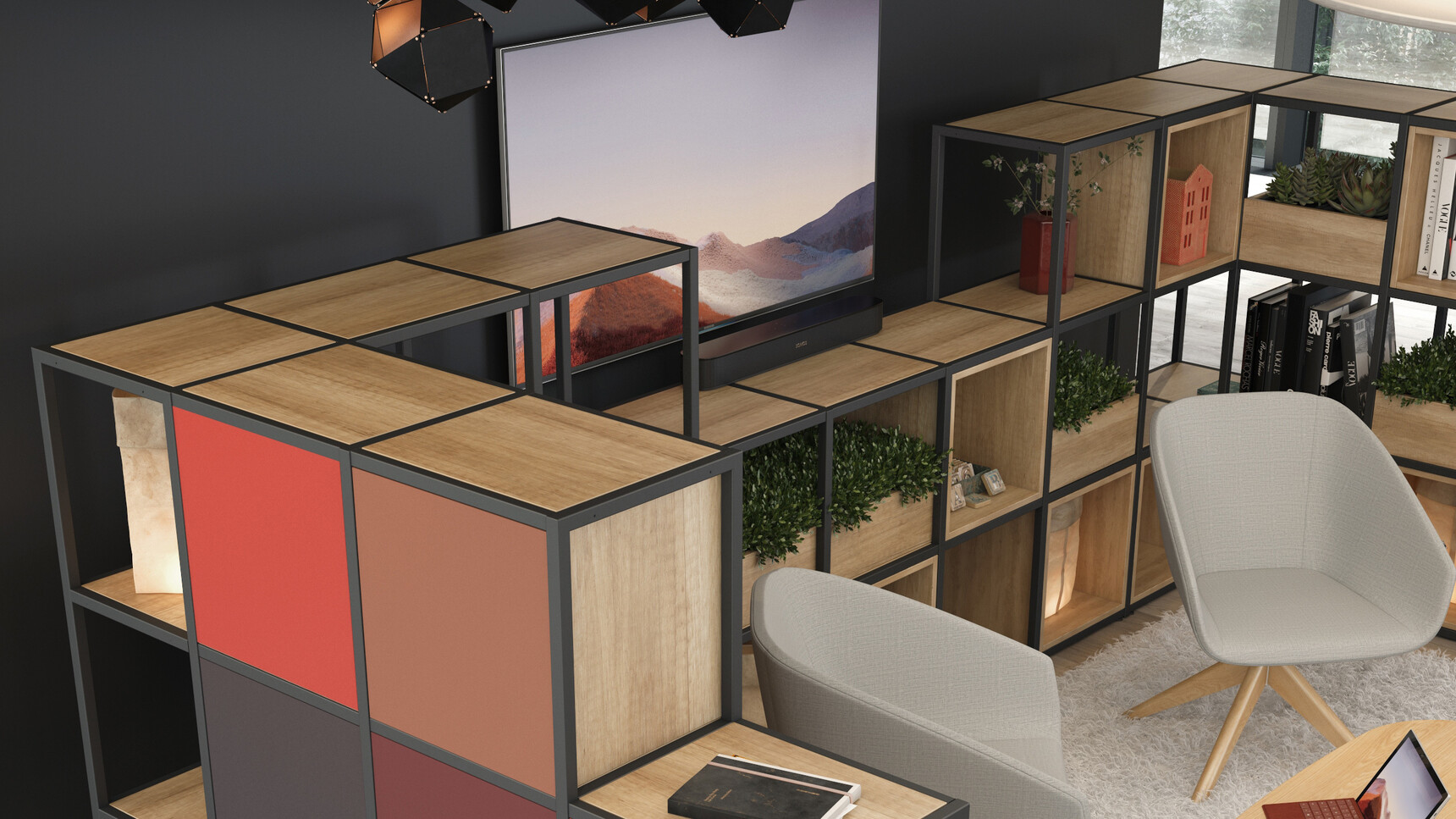 Elite Office Furniture Cubeform Black Frame With Open Fronted Boxes In Office Environment