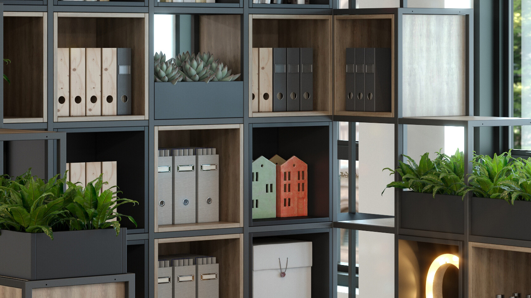 Elite Office Furniture Cubeform Black Frame With Open Fronted Boxes And Planter Detail Image