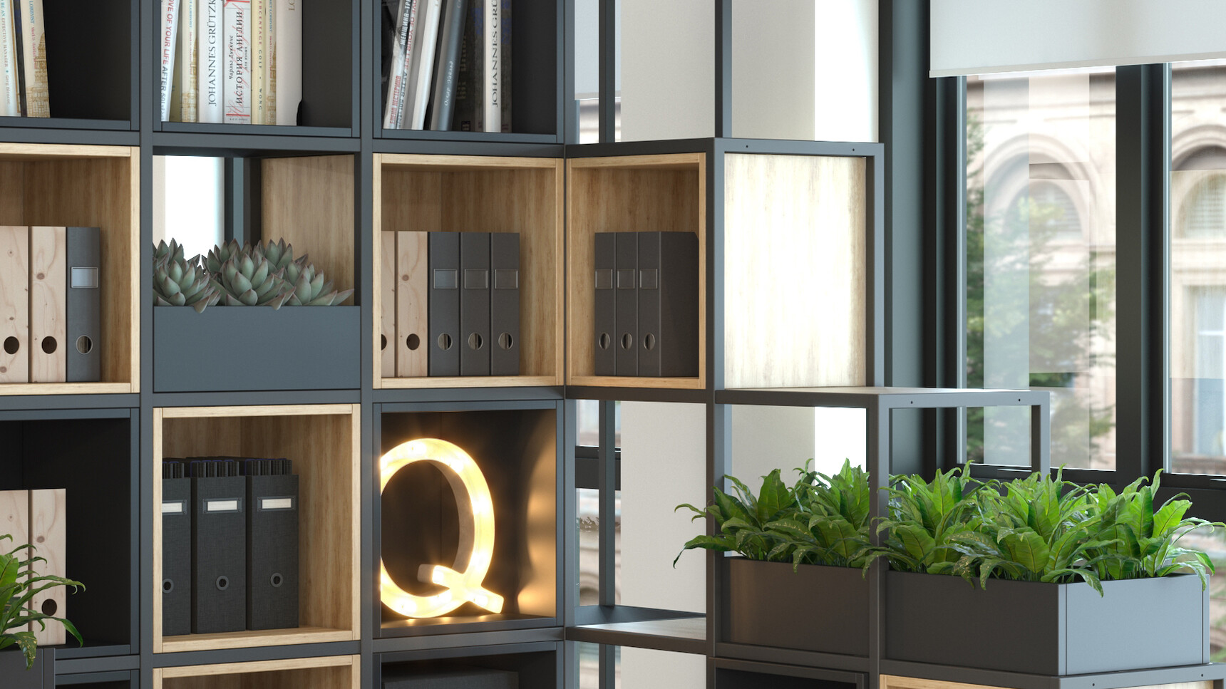 Elite Office Furniture Cubeform With Planter And Open Fronted Boxes Detail Image In Office Setting
