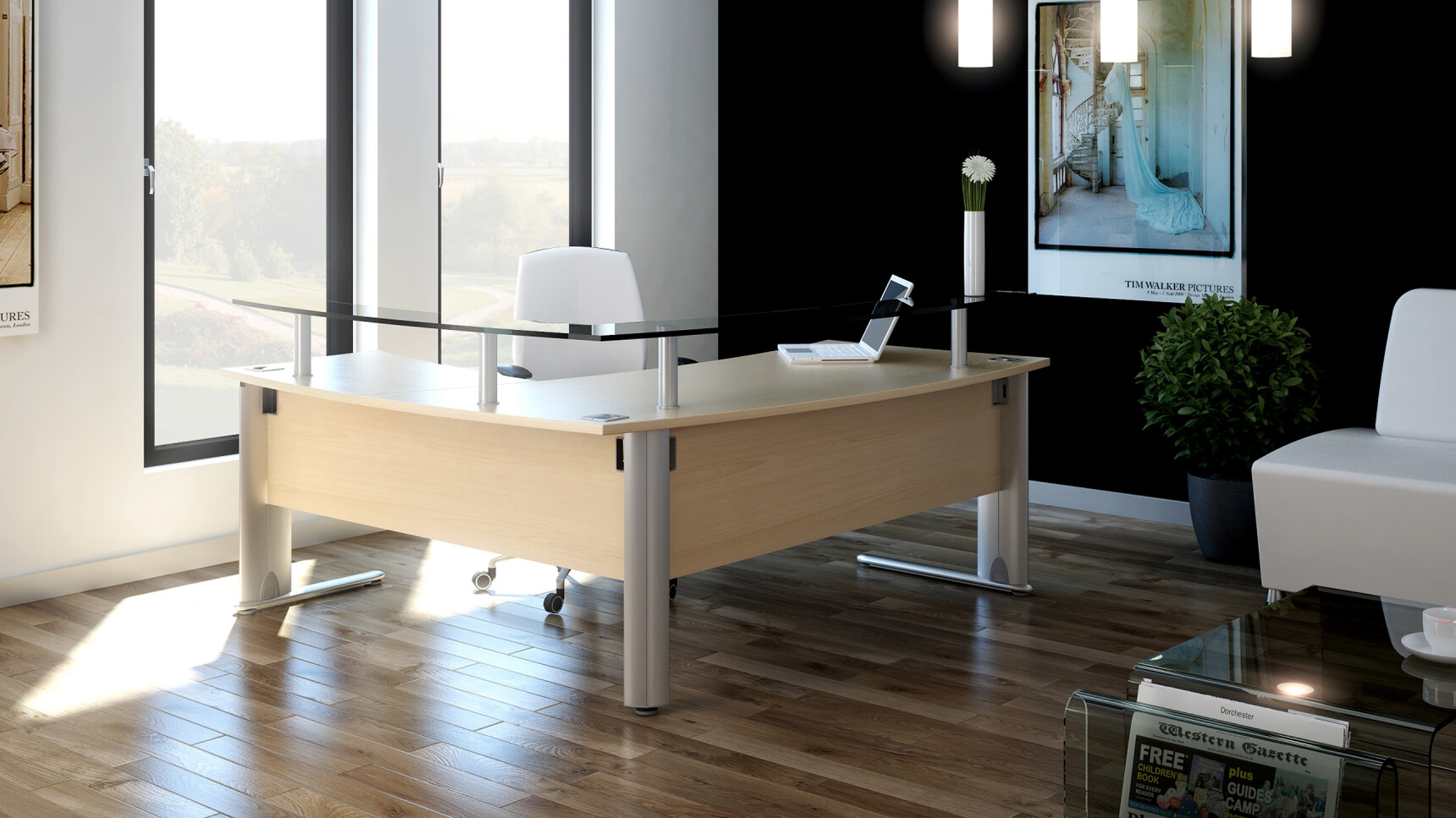 Elite Optima Plus Reception Desk With Light Wood Finish And Silver Metal Leg Finish And Glass Shelf And Elite Chair In White Upholstery Reception Area