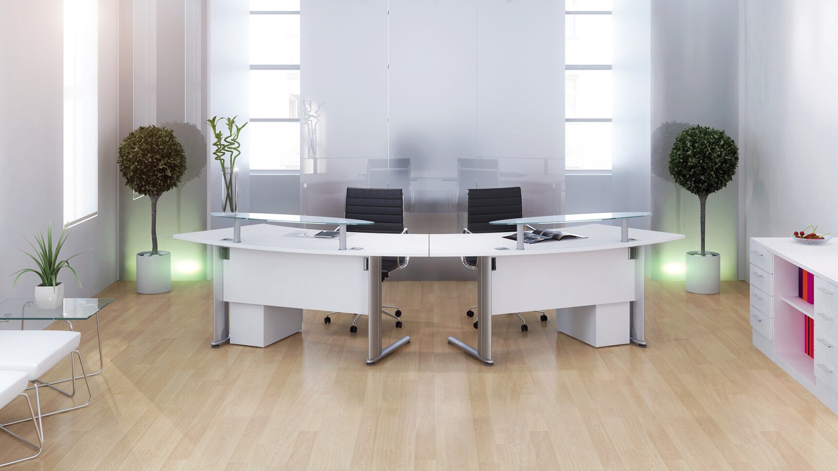 Two Elite Optima Plus Radius Reception Desks With White Finish And Silver Metal Leg Finish With Glass Shelfs And Two Black Elite Chairs And Two Pedestals Under Desk And Desk High Combi Storage Unit