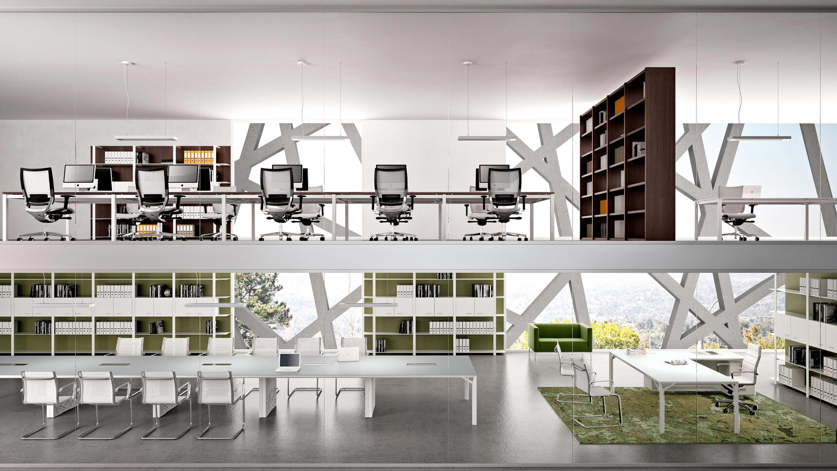 Quadrifoglio X8 Glass Desk with Return Storage Unit & Pedestal With White Table Top Finish And White Legs With Three Chairs At Desk With Various X8 Tables And Quadrifoglio Chairs Over Two Floors