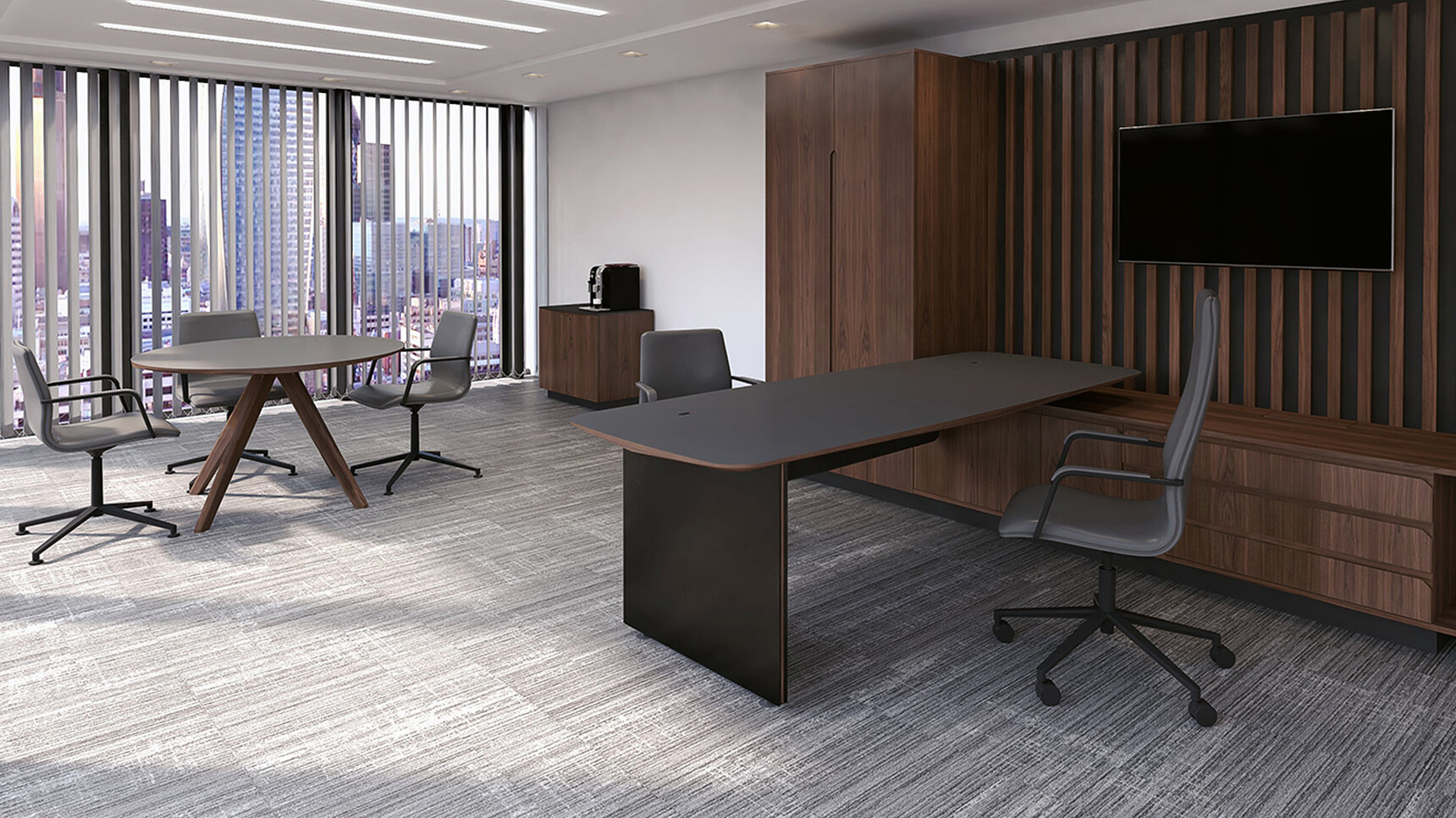 William Hands Vantage Horizon L-shaped Height Adjustable Executive Desk With Return Black Finish In Office Setting