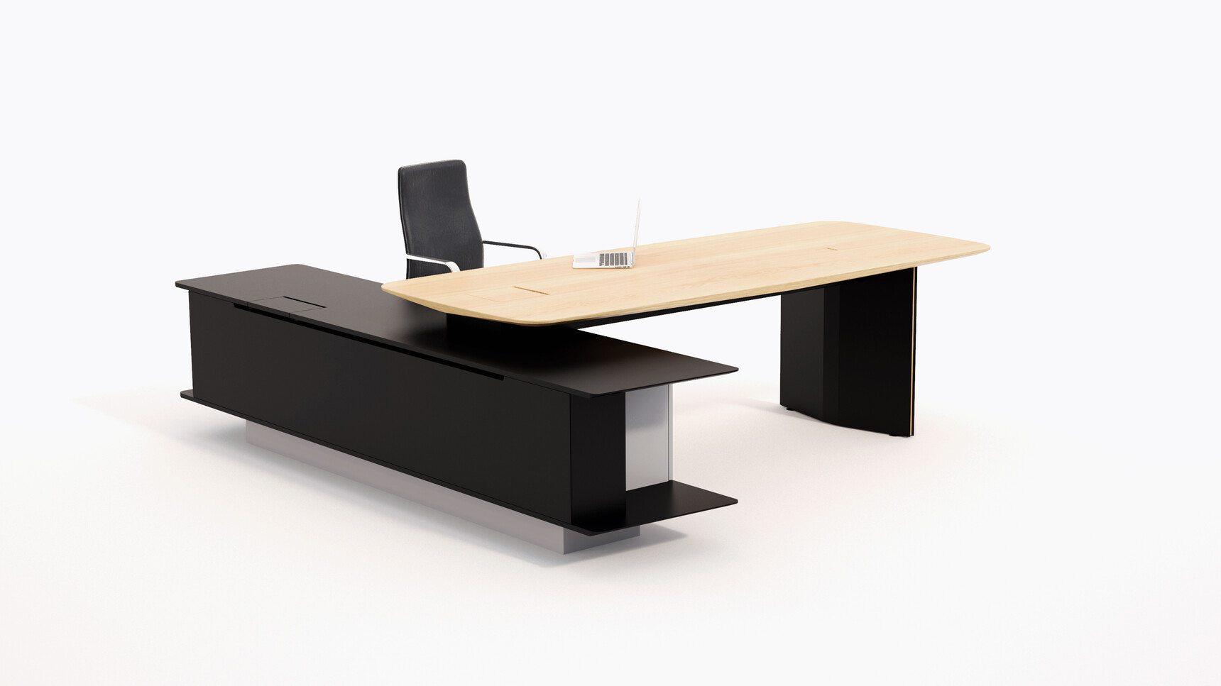 William Hands Vantage Horizon L-shaped Height Adjustable Executive Desk With Return Wood Top Black Finish On White Background