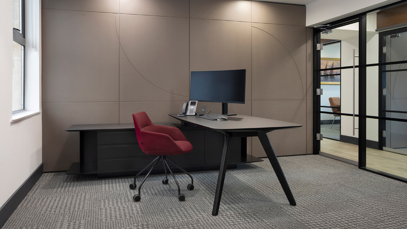 William Hands Vantage L-shaped Executive Desk With Return With Black Finish With Chair In Red In Office Setting