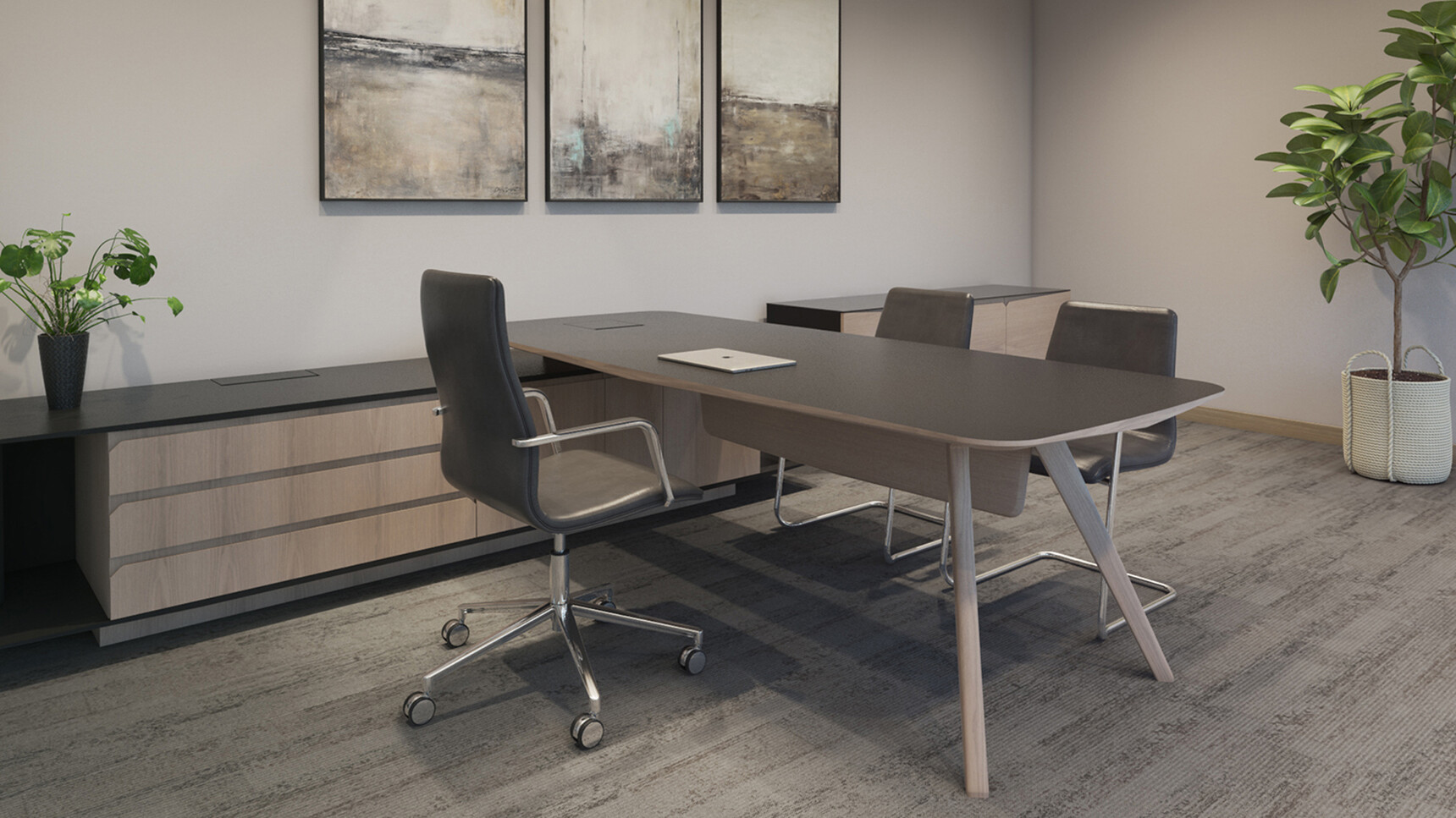 William Hands Vantage L-shaped Executive Desk With Return Black Top With Chairs Family Image