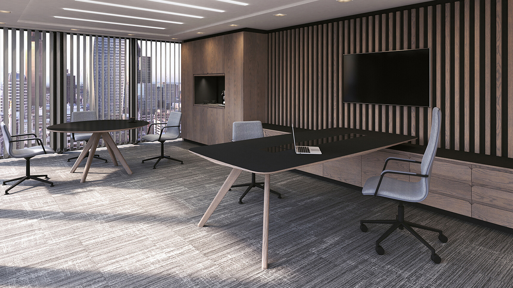 William Hands Vantage L-shaped Executive Desk With Return Black Top Wood Finish In Office Environment