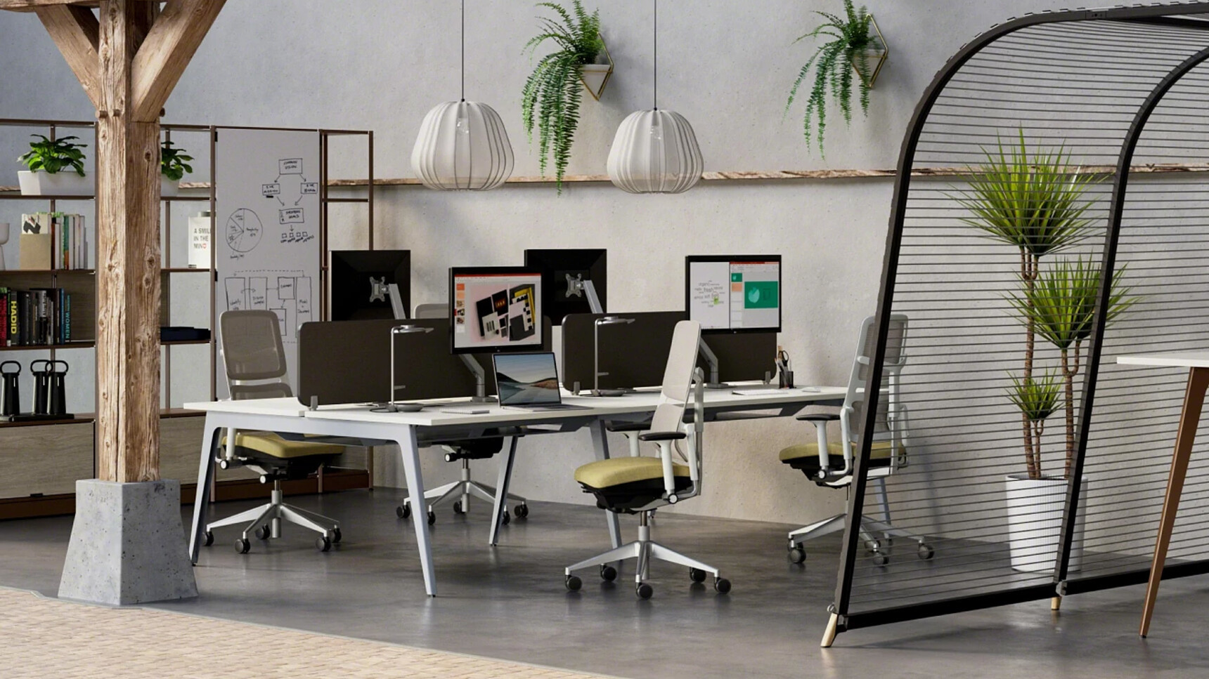 Four Steelcase Please Air Office Chairs With Yellow Seats Seagull Frame In Office Setting