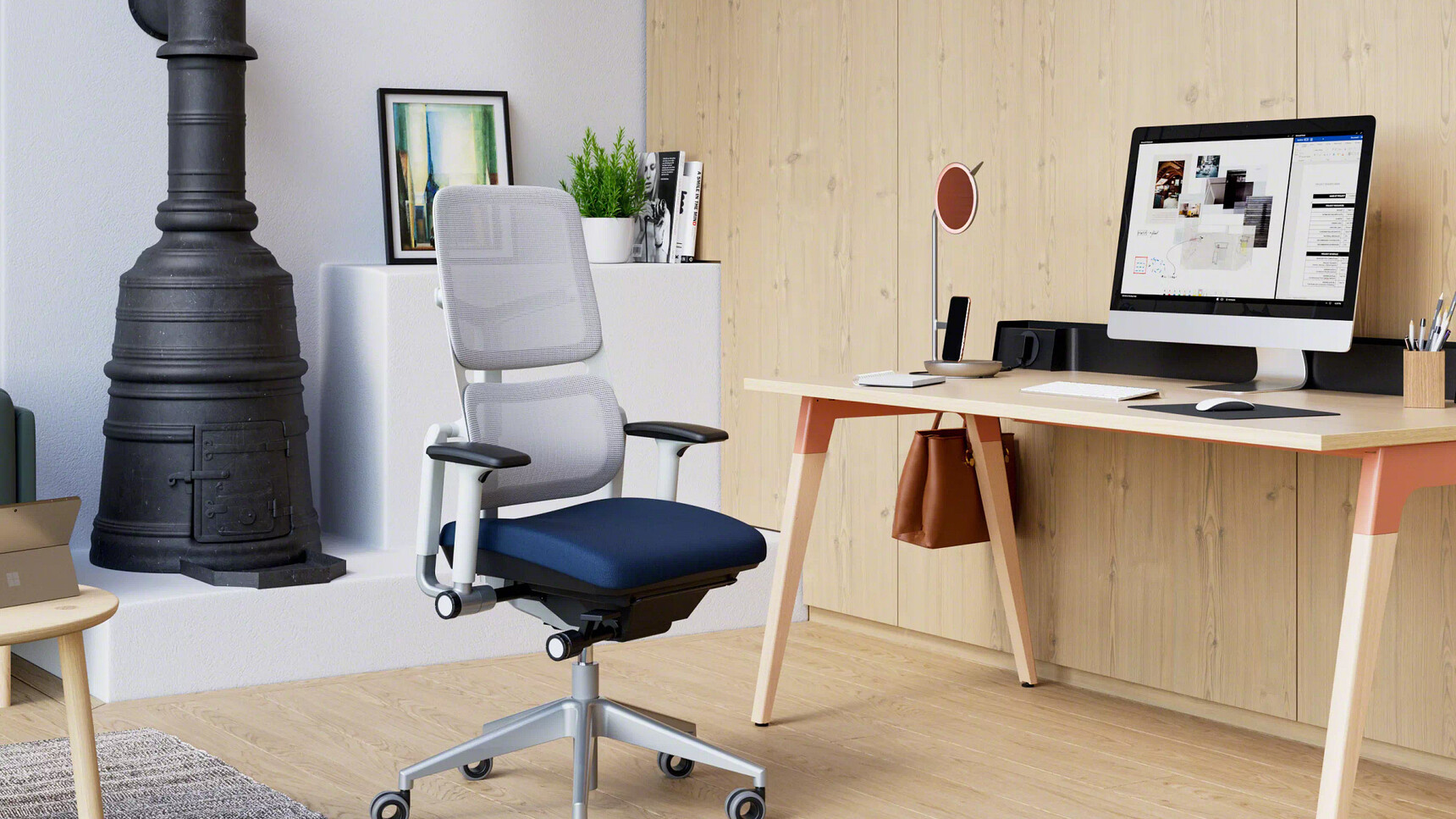 Steelcase Please Air Office Chair With Blue Seat Upholstery And Seagull Frame Detail Image
