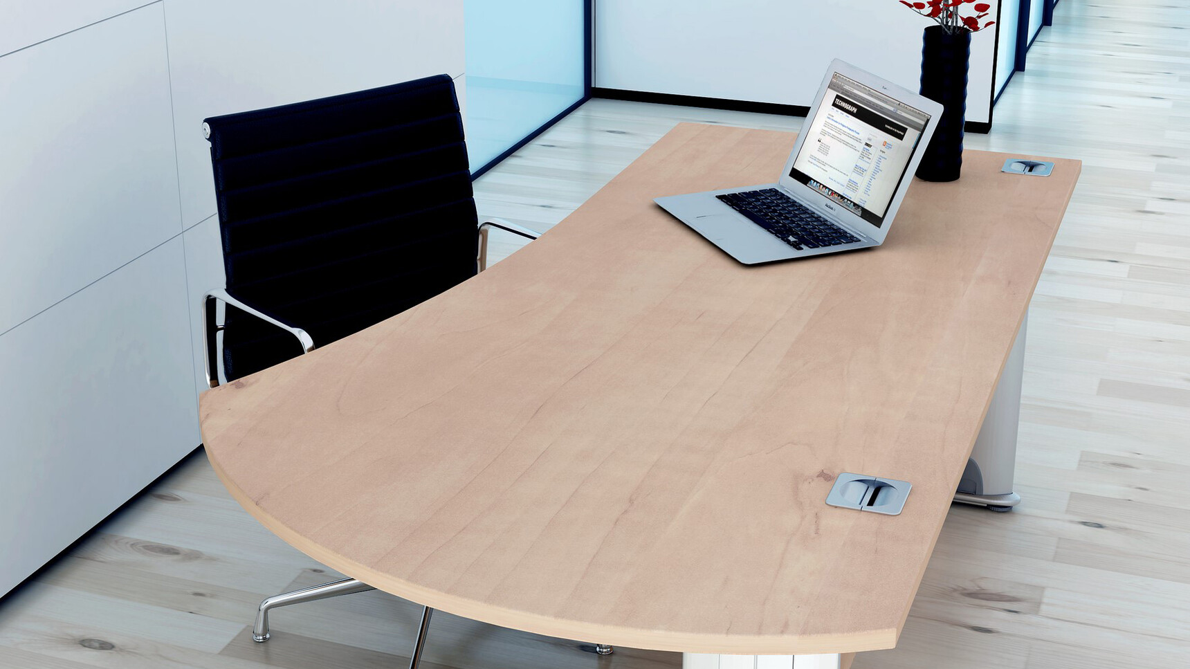 Elite Office Furniture Optima Plus Radius Executive Desk With Wood Top In Office Setting Detail Image