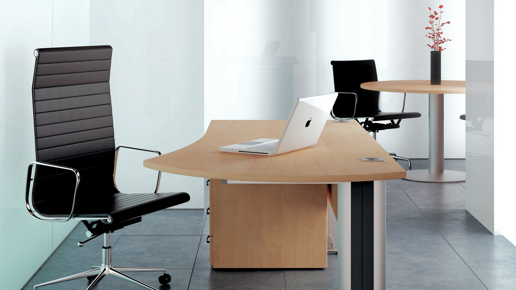 Elite Office Furniture Optima Plus Radius Executive Desk With Wood Top In Office Setting