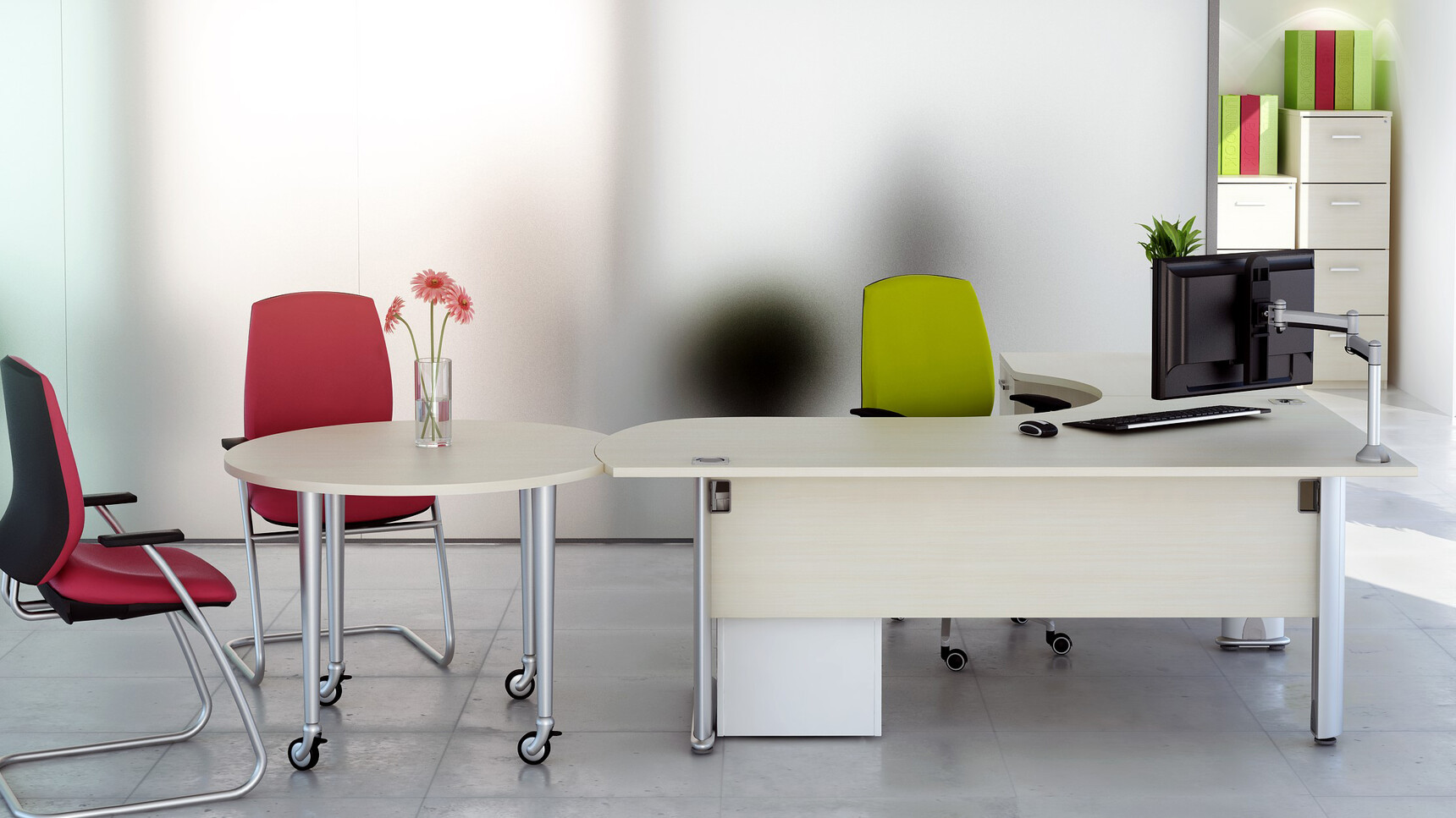 Elite Office Furniture Optima Plus Radius Crescent Workstation With Chairs In Office Setting